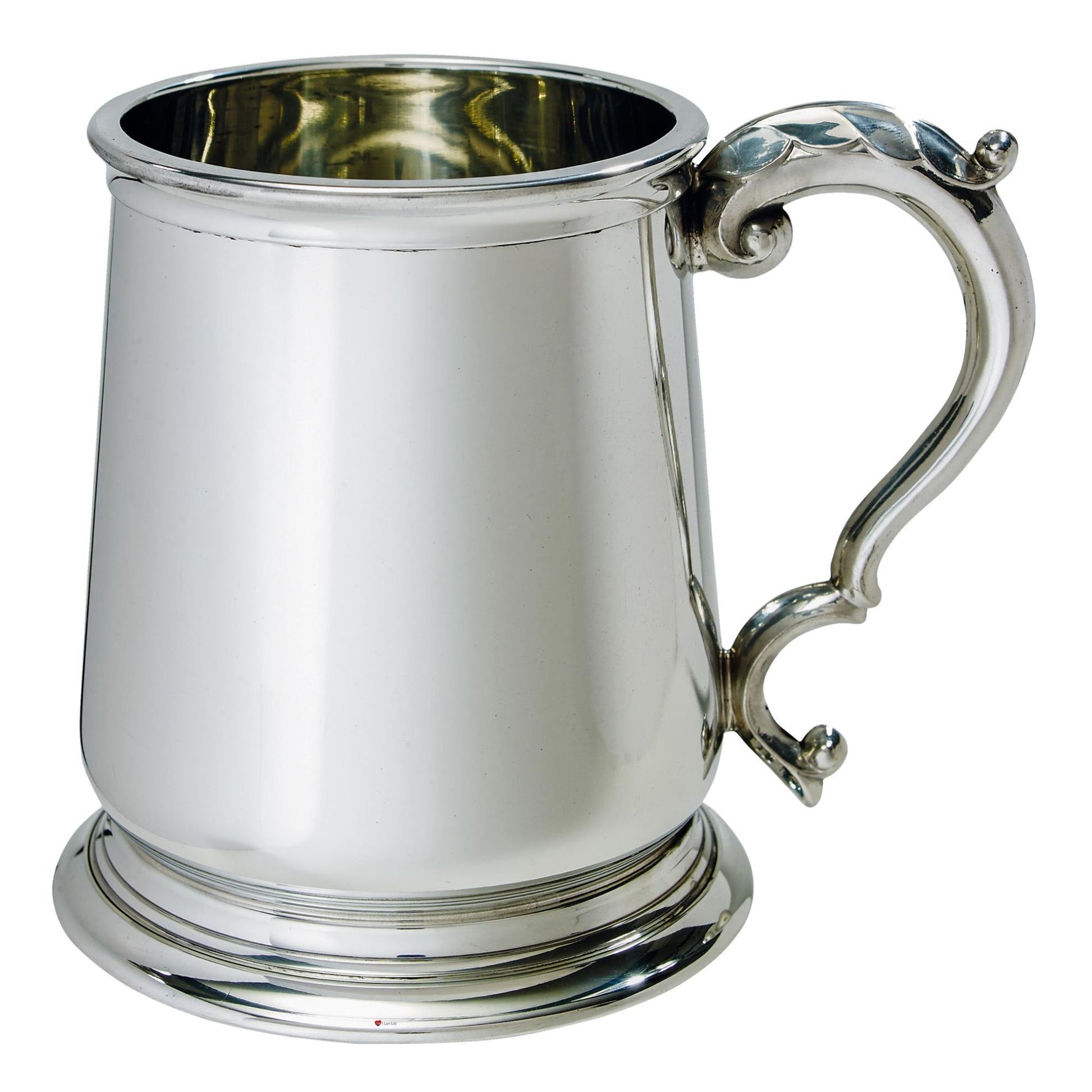 Silver tankard with a decorative handle on a white background