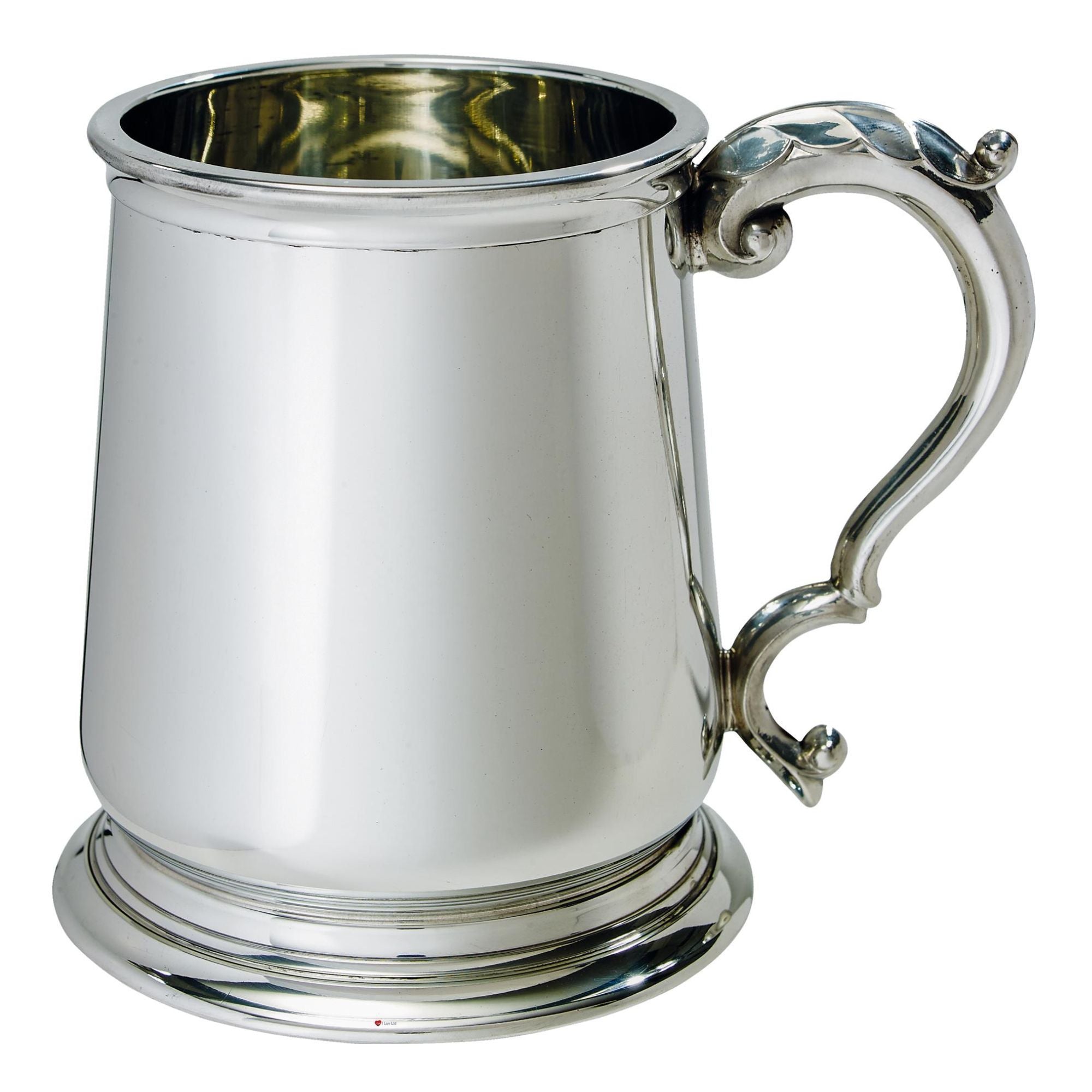 Silver tankard with a decorative handle on a white background