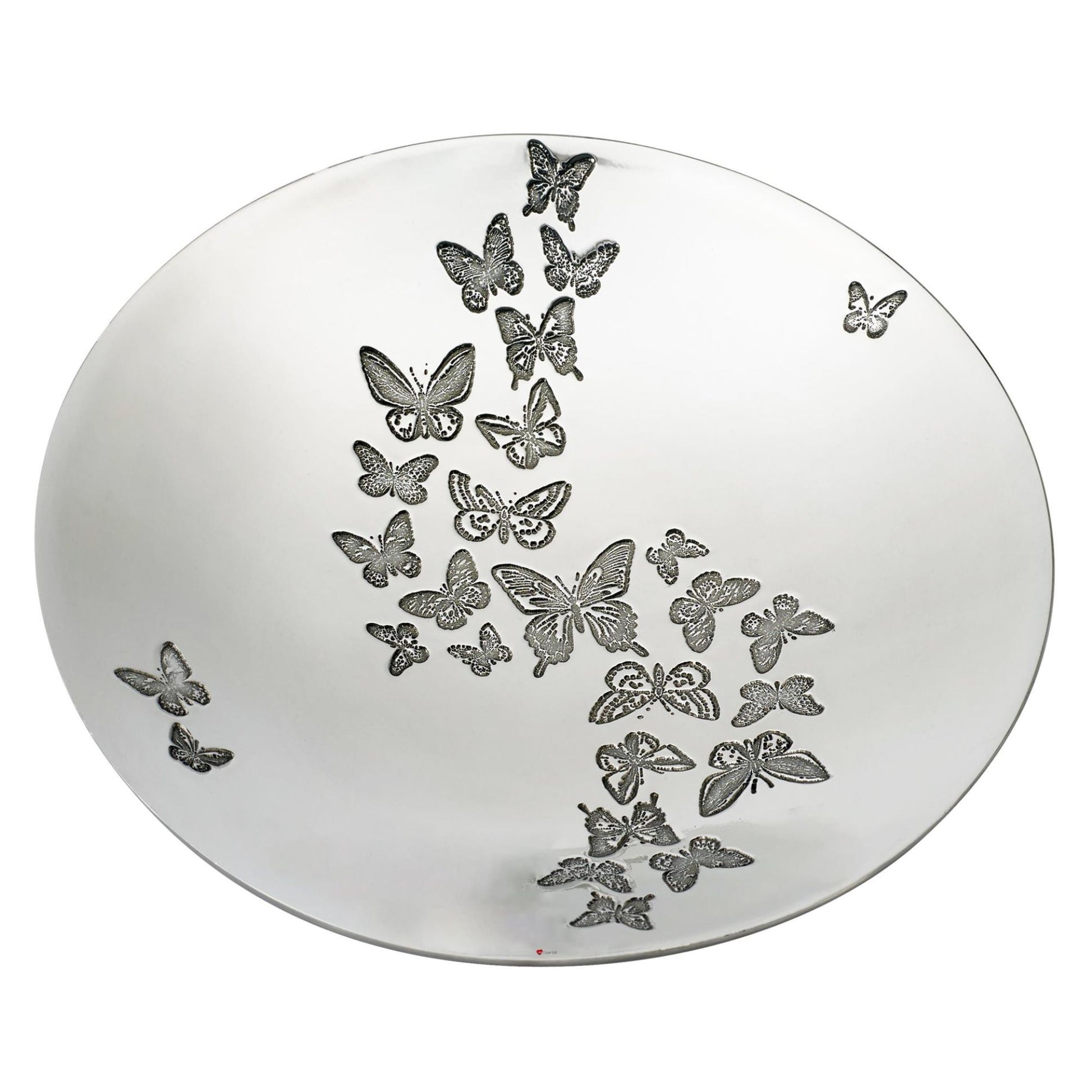 Round mirror with decorative butterflies on a white background