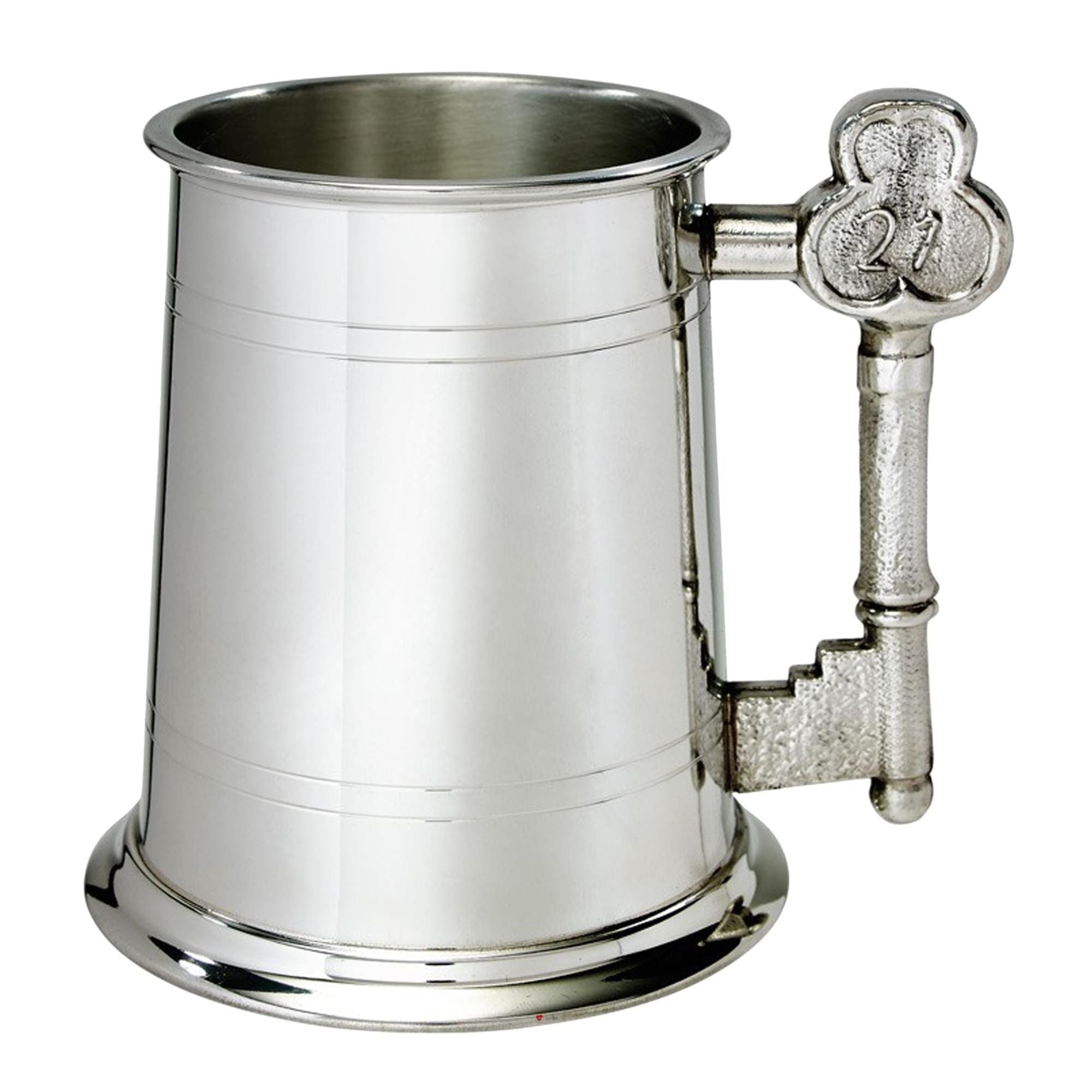 Silver tankard with decorative handle on a white background