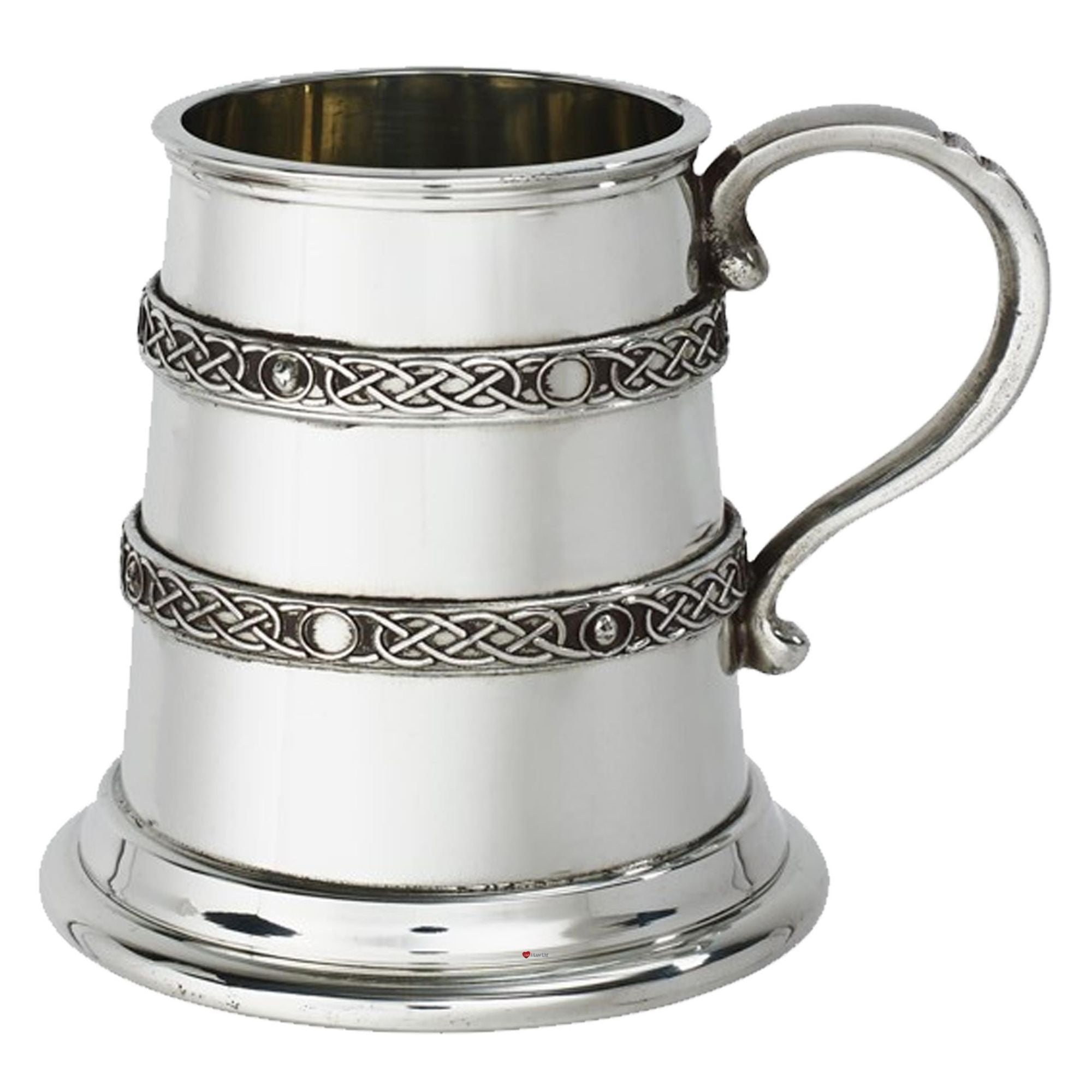 Silver tankard with Celtic knot designs on a white background