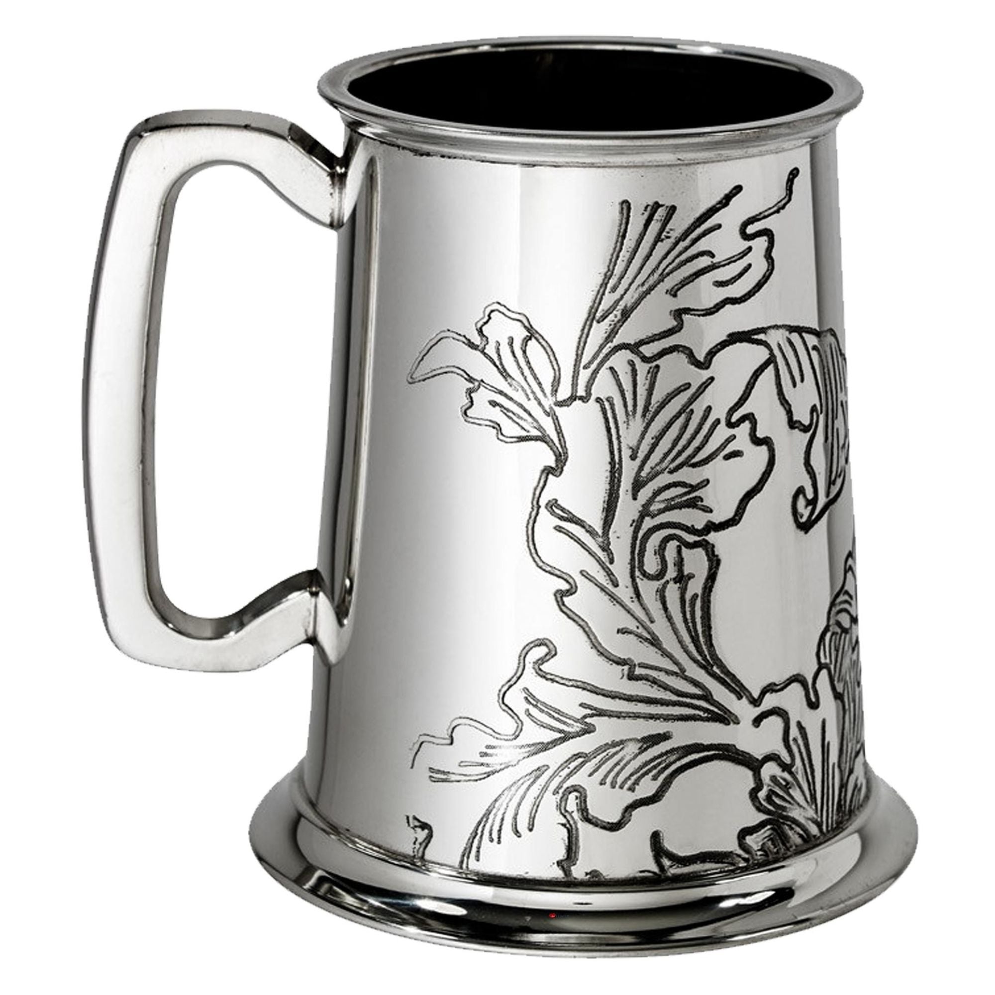 Silver tankard with floral engraving on a white background