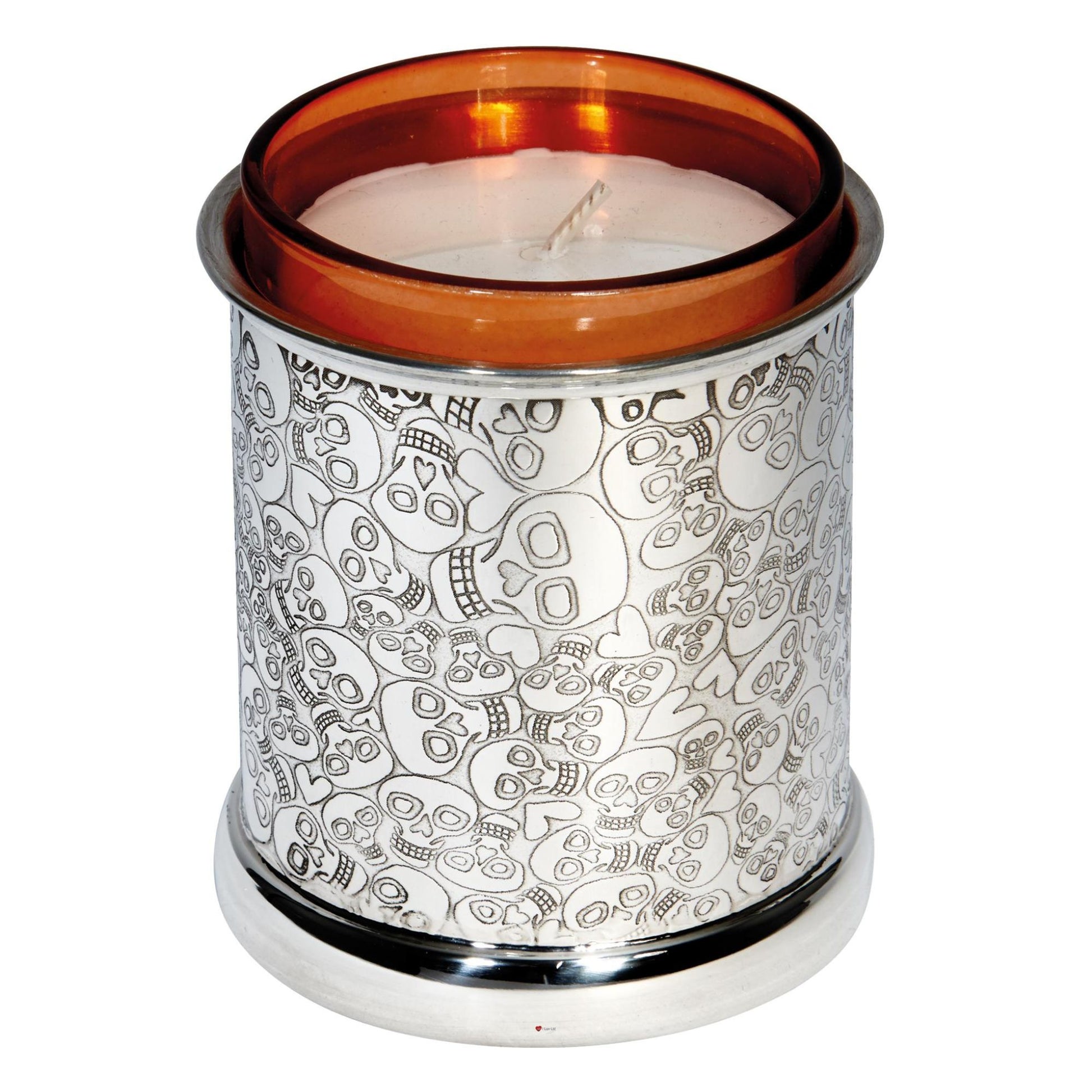 Candle in a decorative container with skull design on a white background