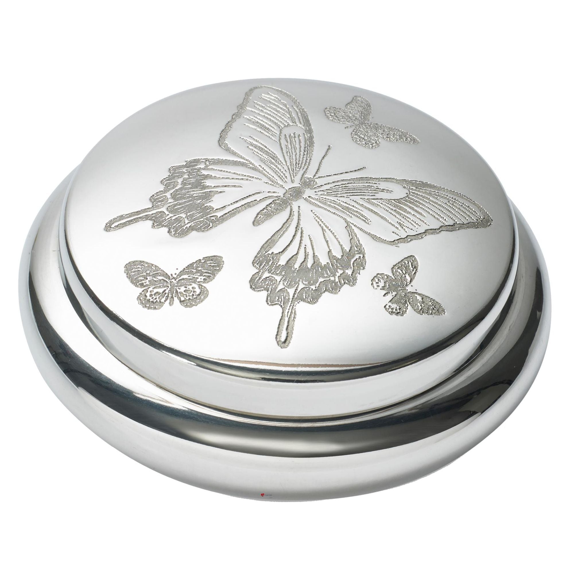Silver round object with butterfly designs on a white background