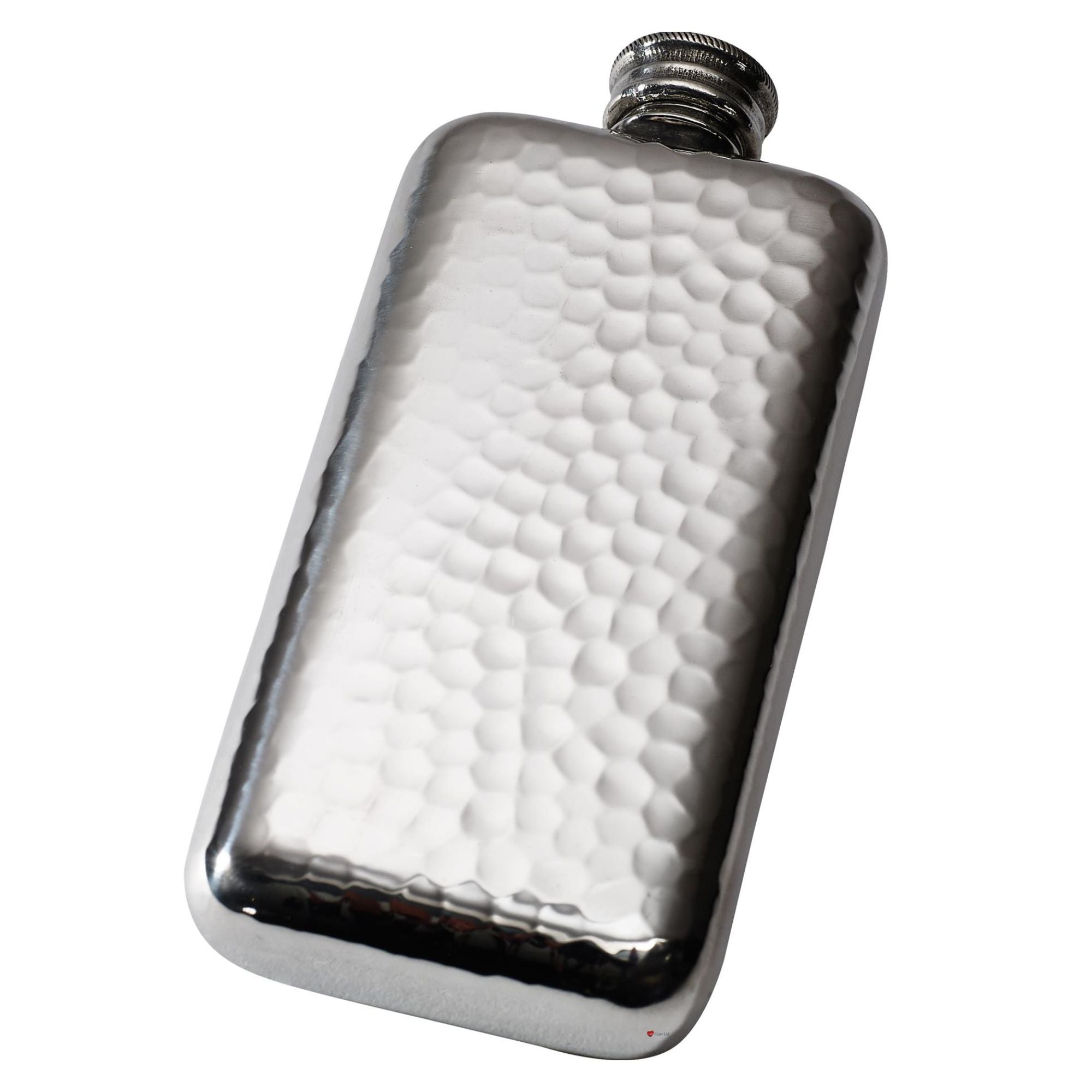 Silver hammered flask on a white background