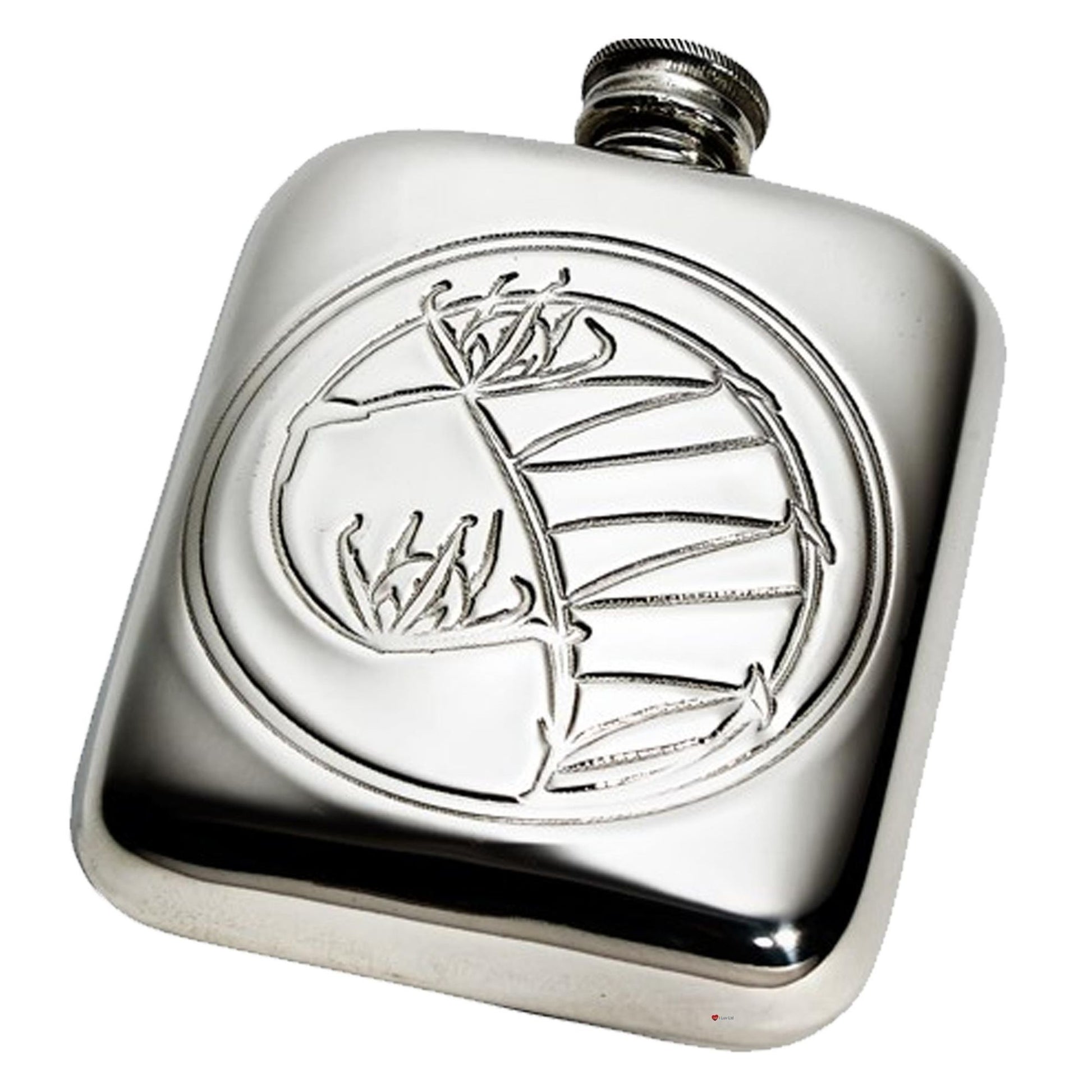 Silver hip flask with engraved design on a white background