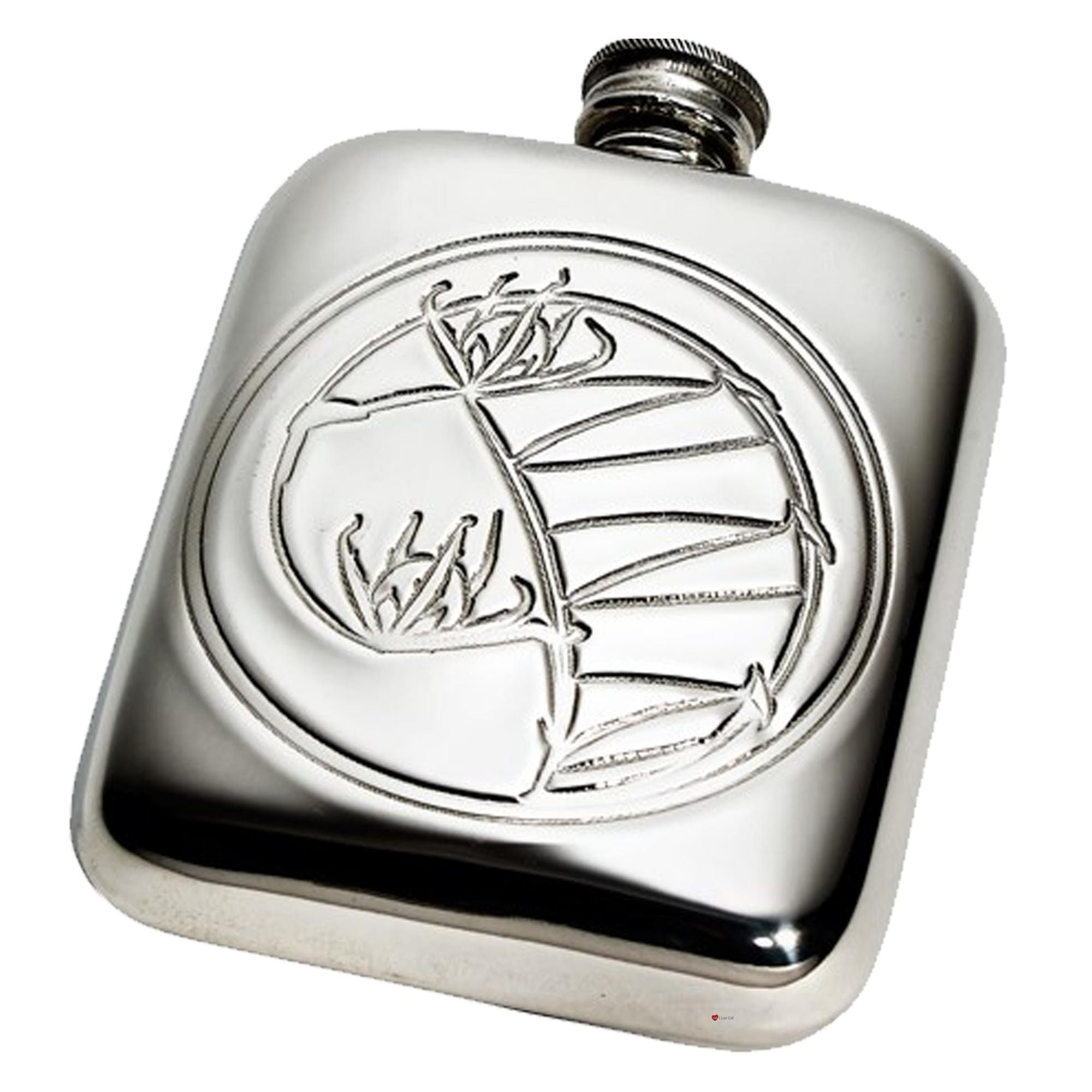 Silver hip flask with engraved design on a white background