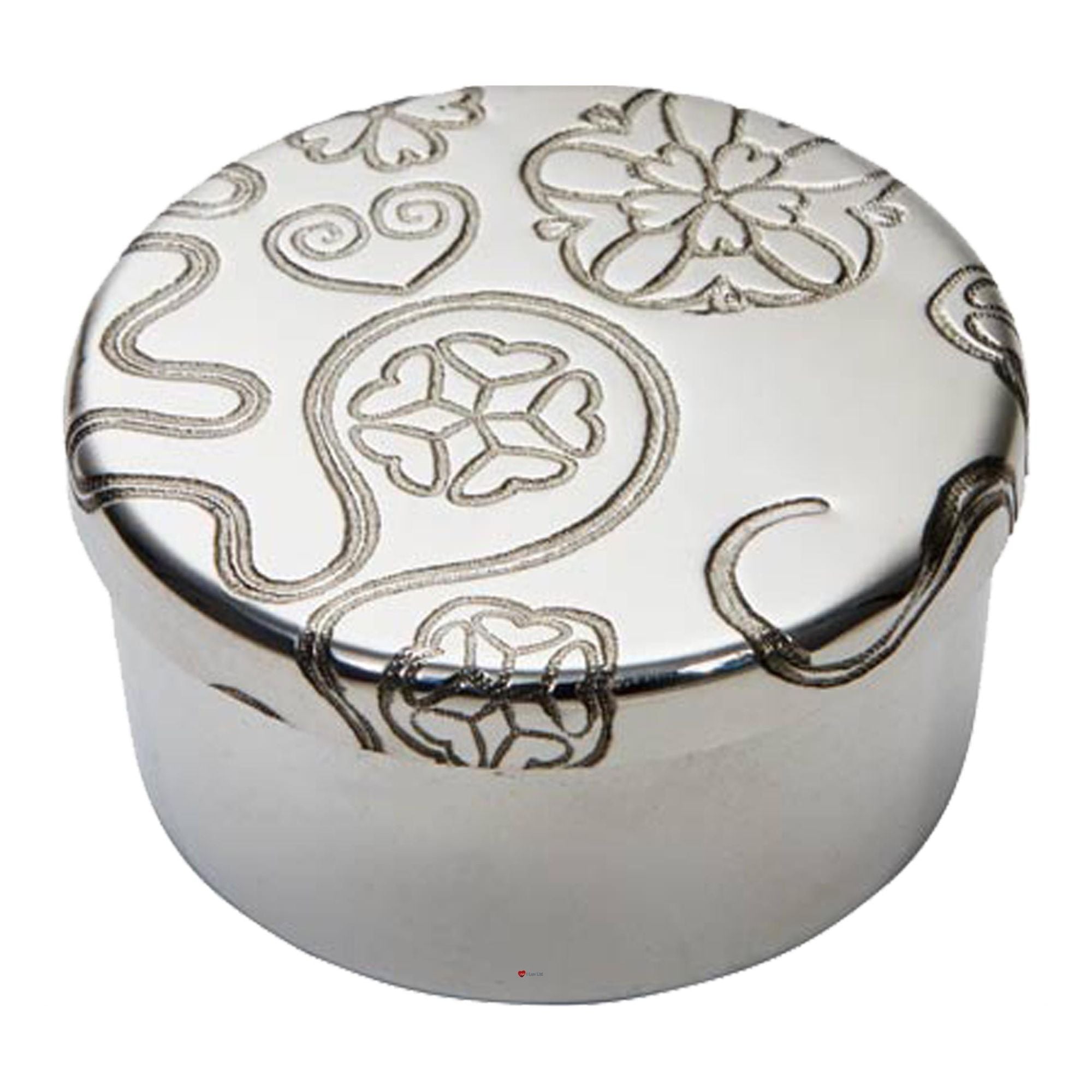 Silver round decorative box with intricate patterns on a white background