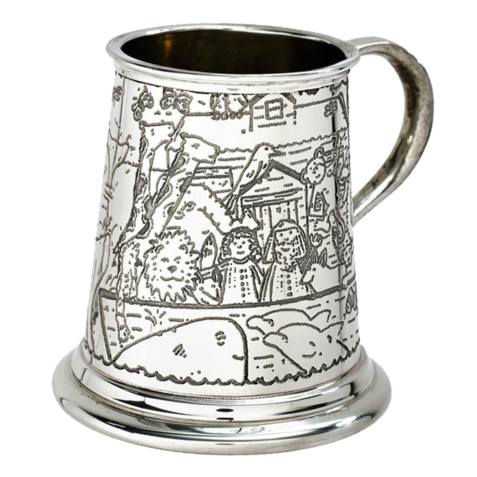 Silver tankard with engraved scenes on a white background