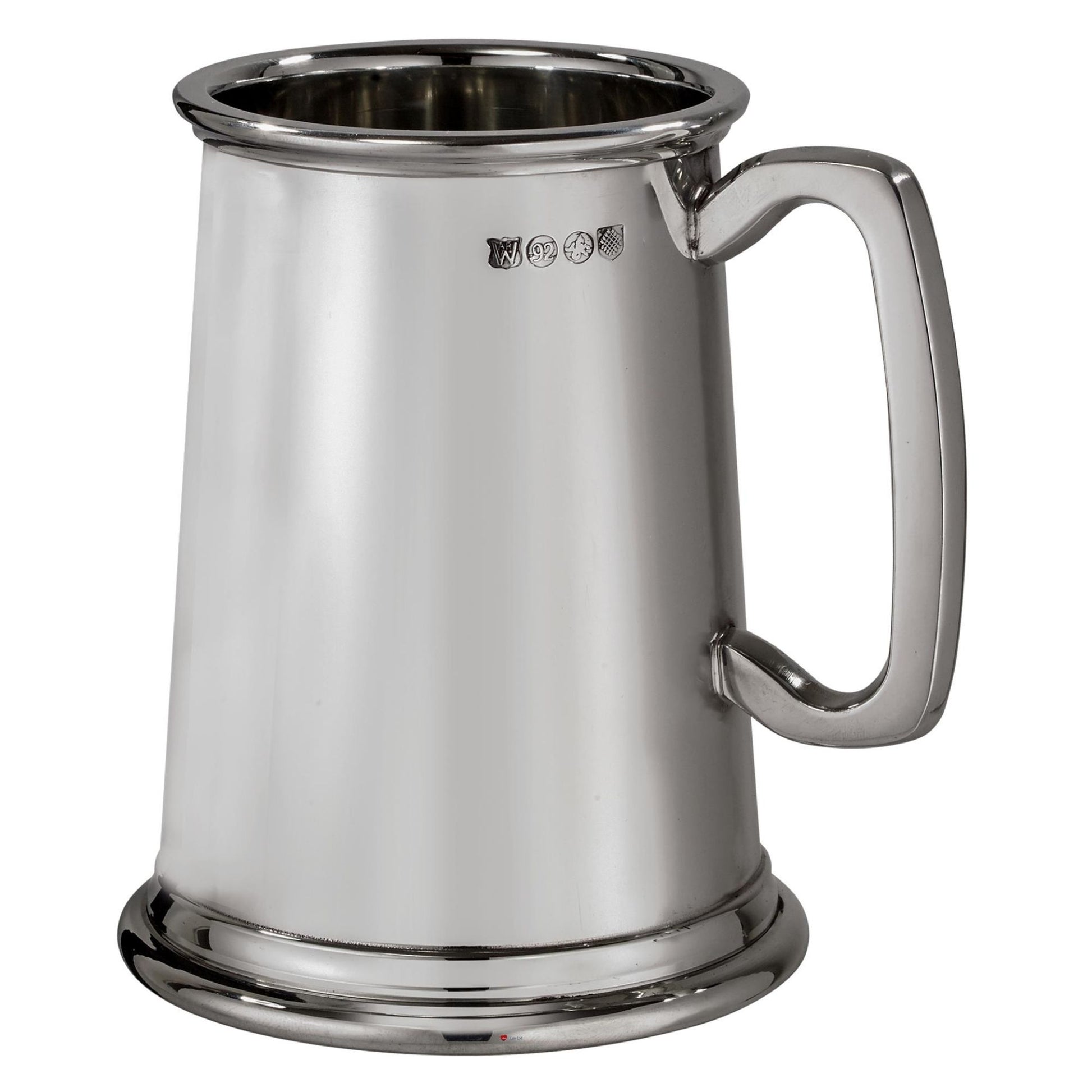 Silver tankard with handle on a white background