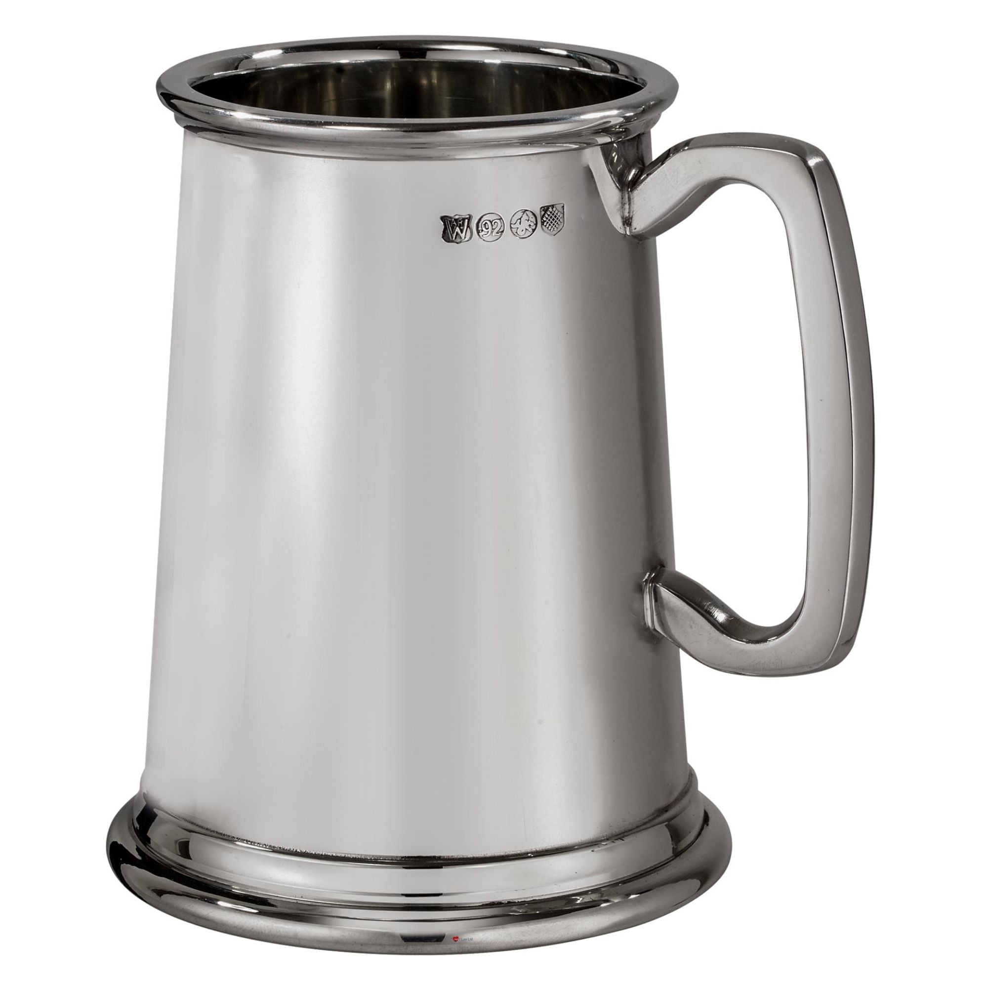 Silver tankard with handle on a white background