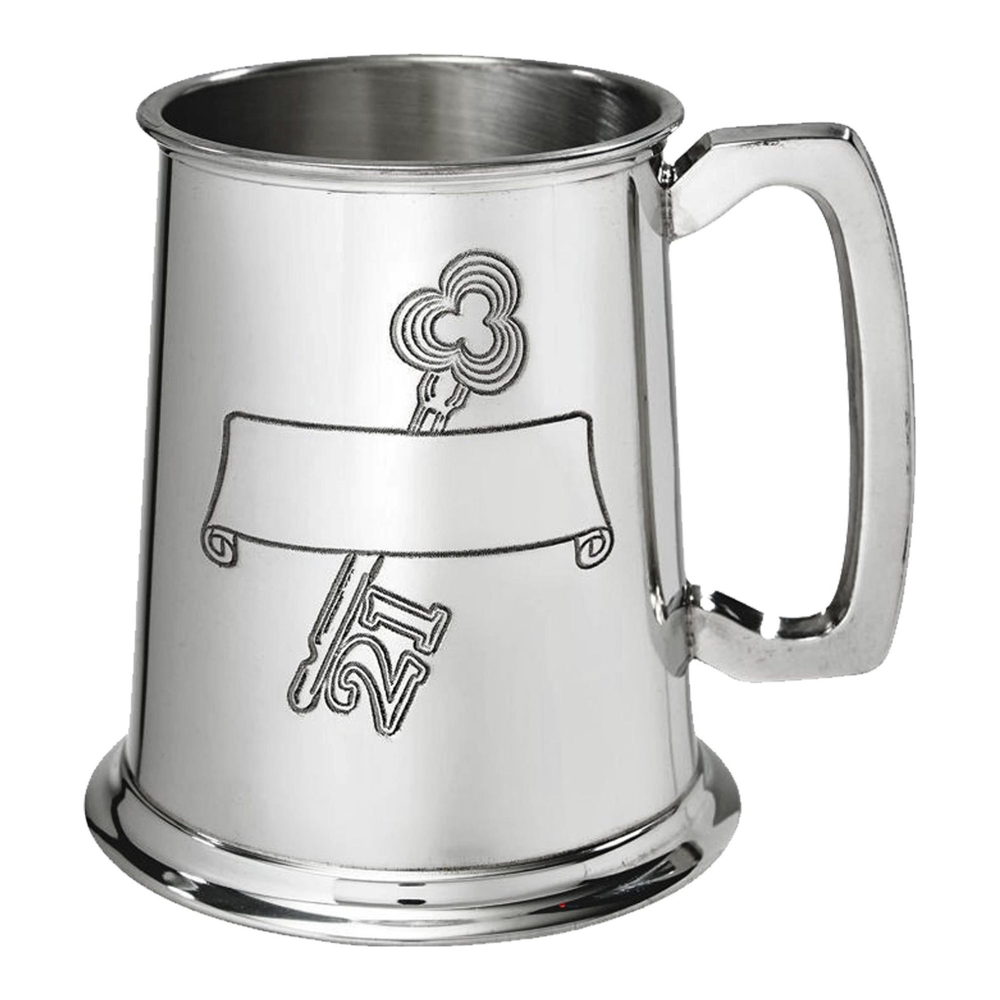 Silver tankard with engraved design on a white background