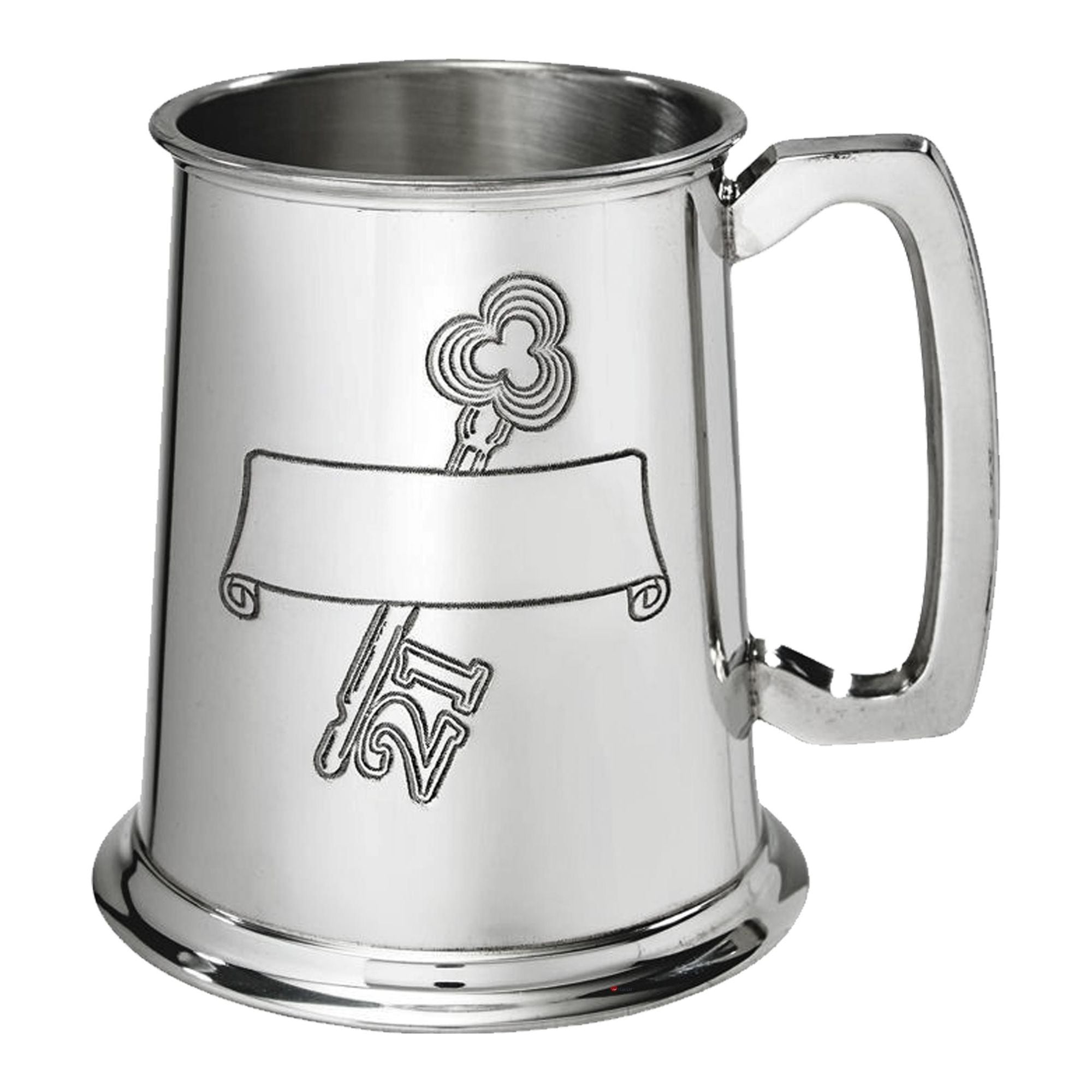 Silver tankard with engraved design on a white background