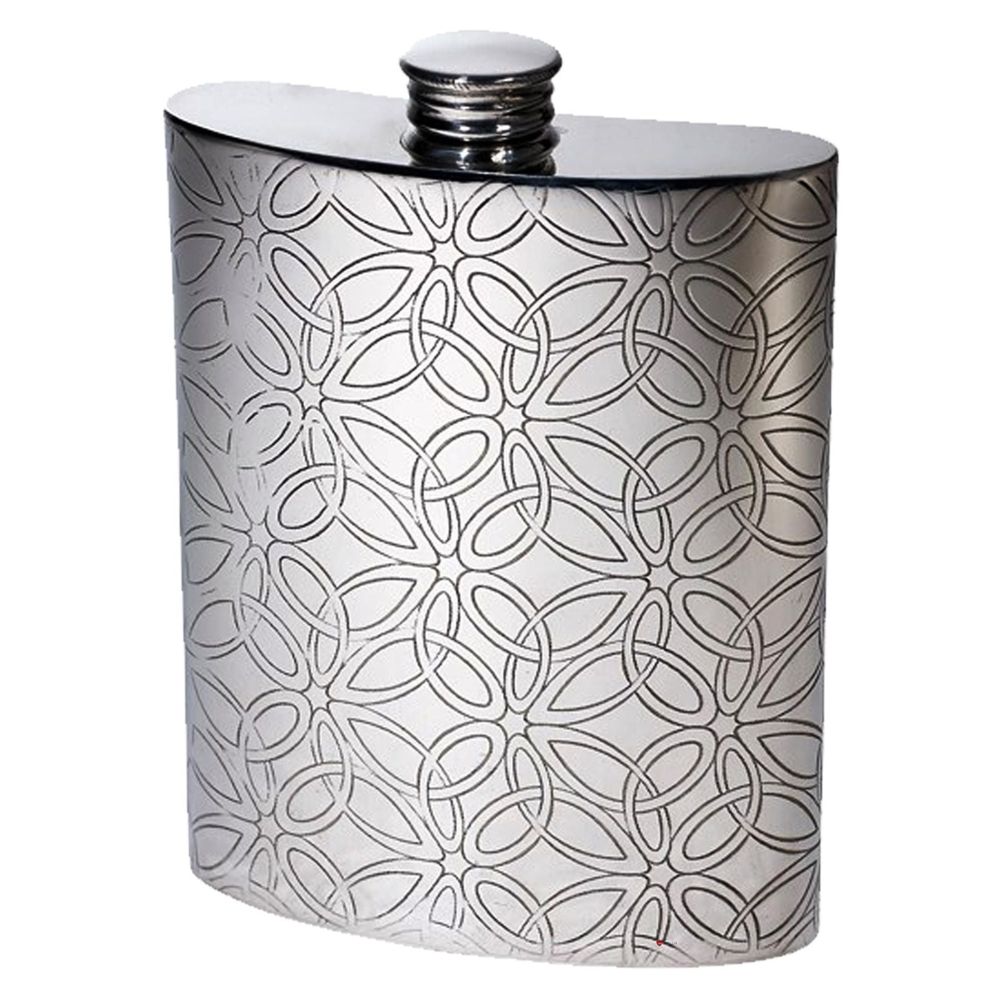 Silver hip flask with intricate pattern on a white background