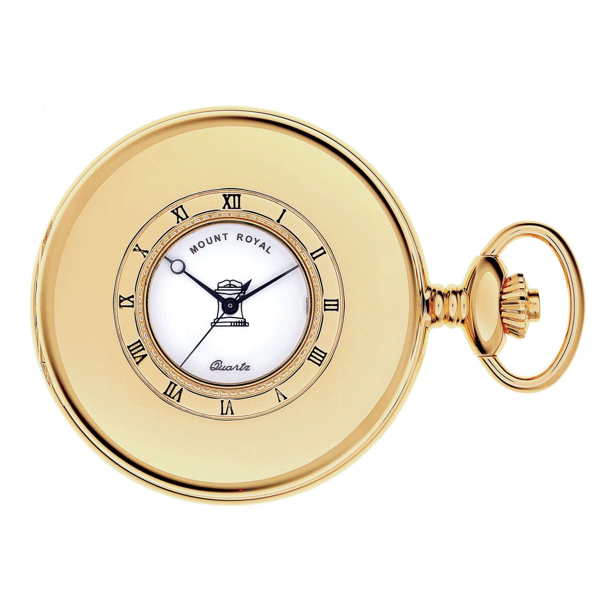 Masonic Pocket Watch Half Hunter Gold Plated Date Quartz Movement Chain