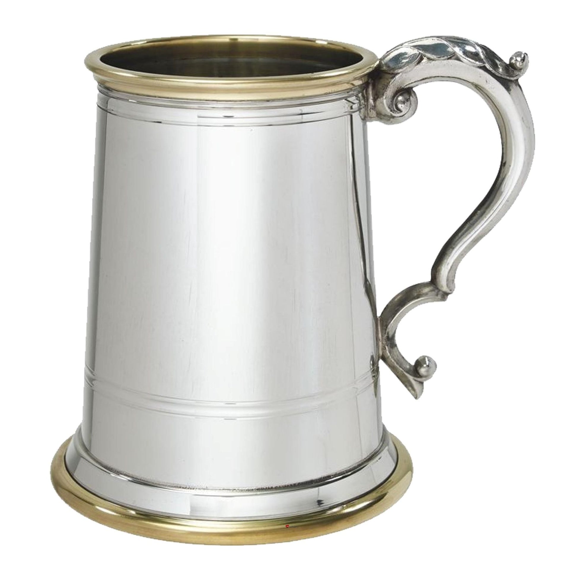 Silver tankard with a decorative handle on a white background