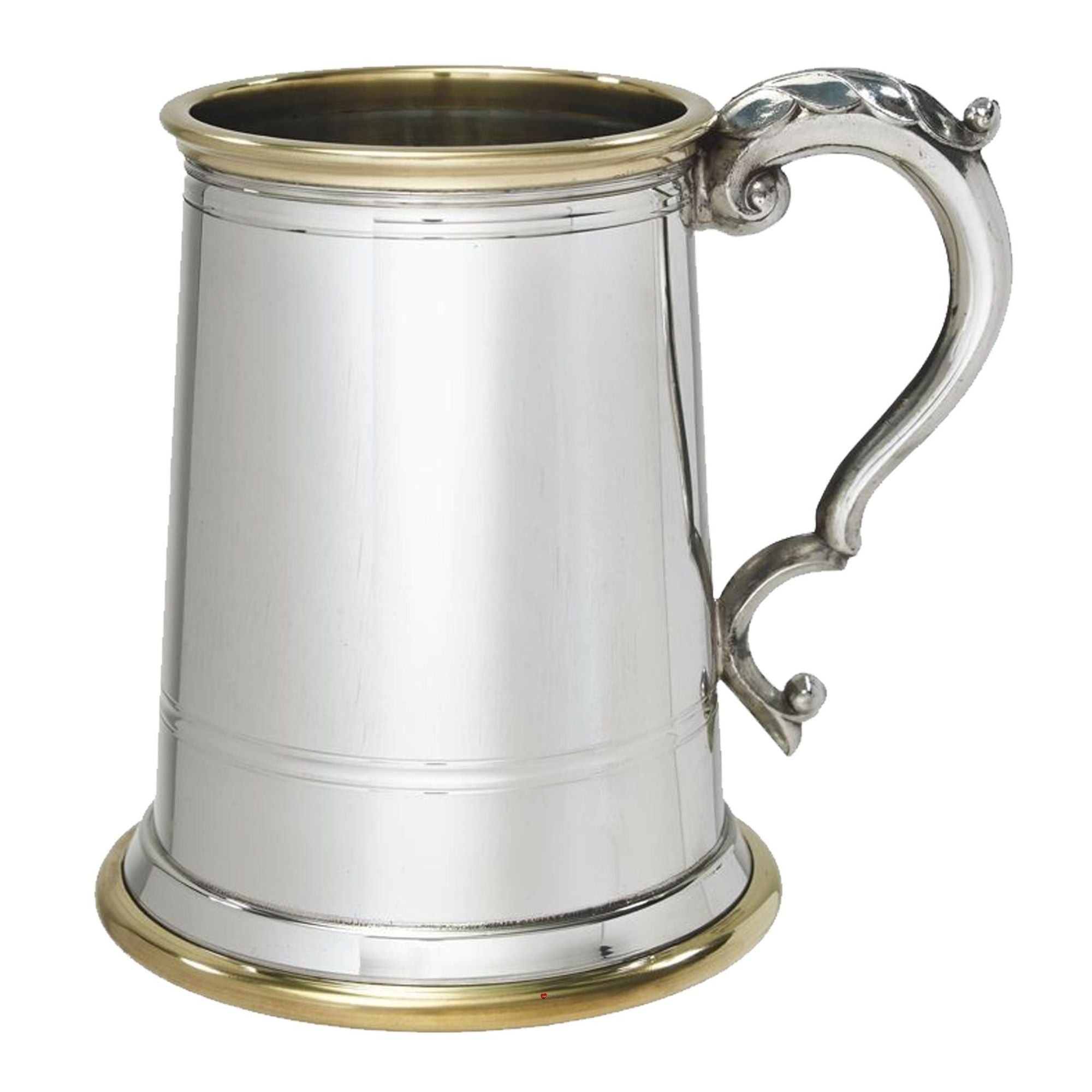 Silver tankard with a decorative handle on a white background
