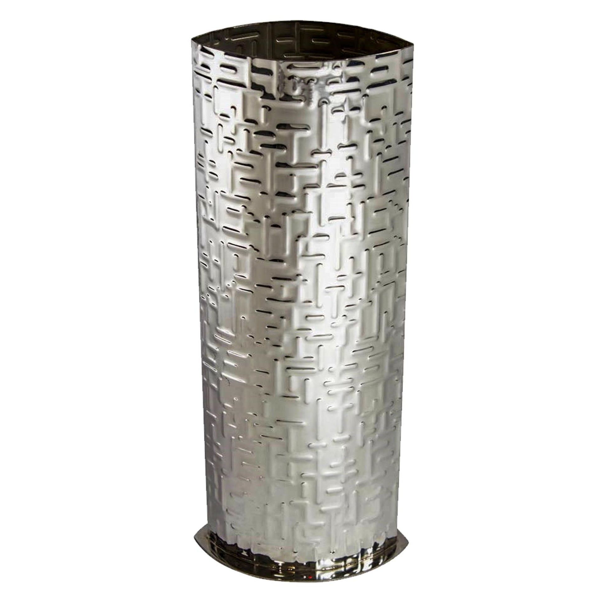 Decorative metallic vase with geometric pattern on a white background