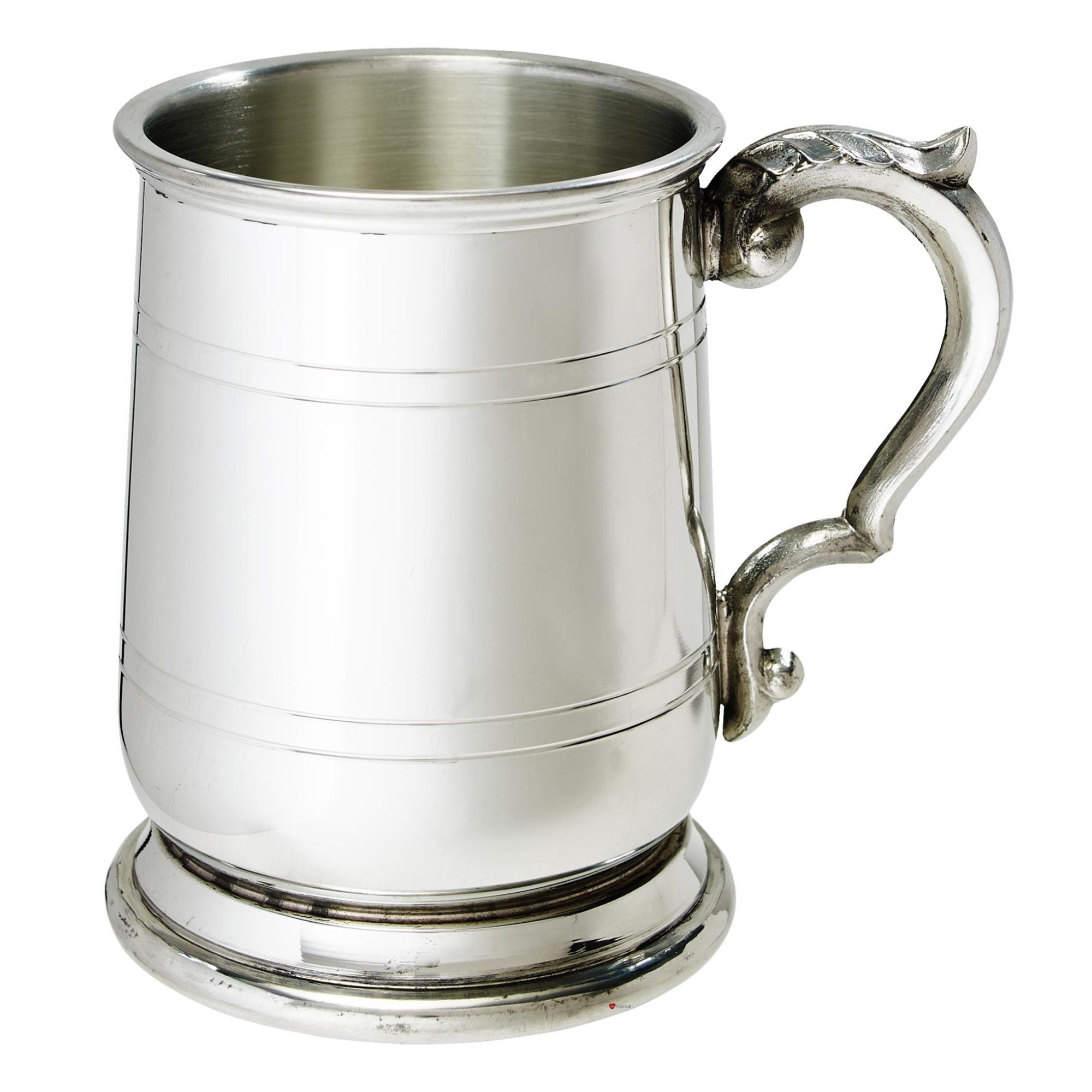 Silver tankard with a decorative handle on a white background