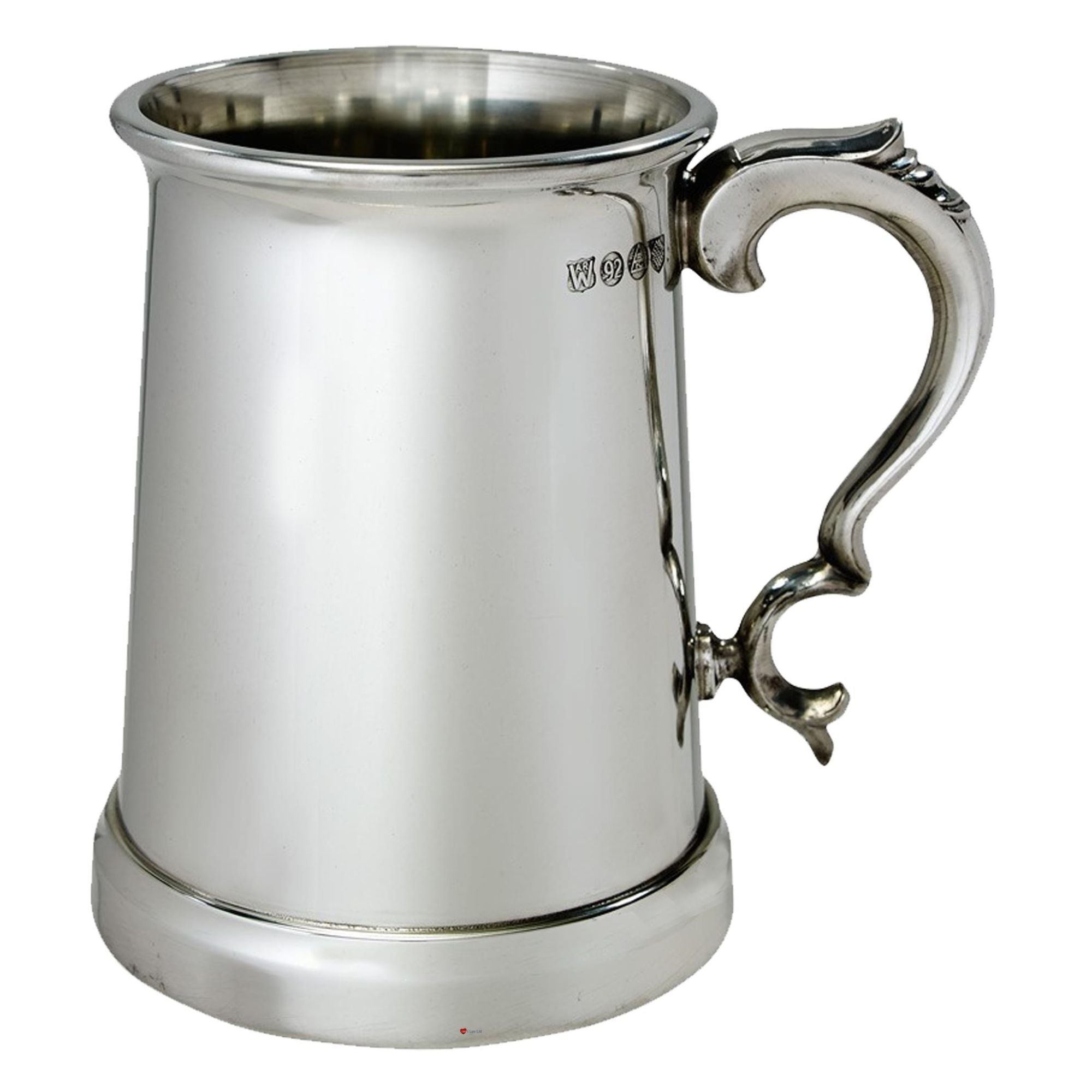 Silver tankard with a decorative handle on a white background