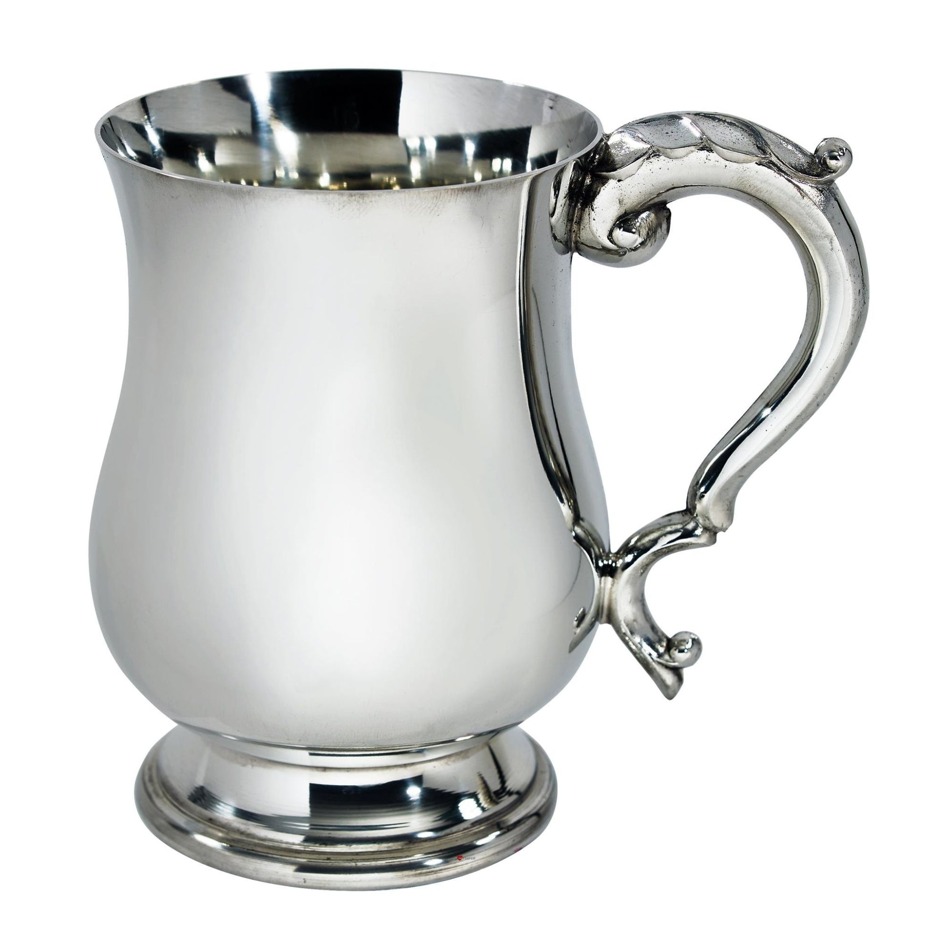Silver mug with a decorative handle on a white background