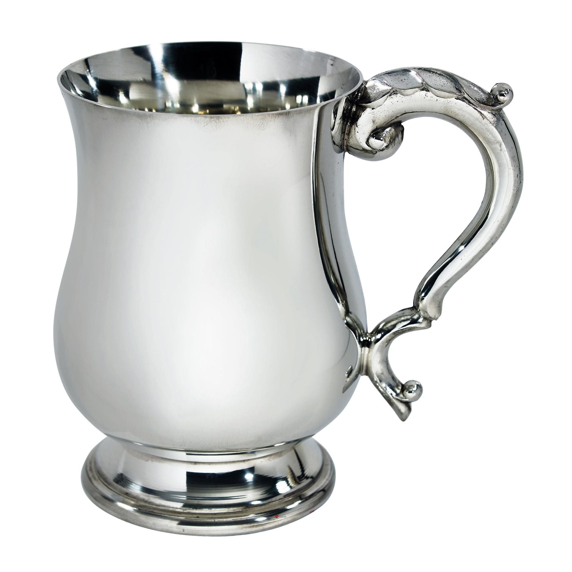 Silver mug with a decorative handle on a white background