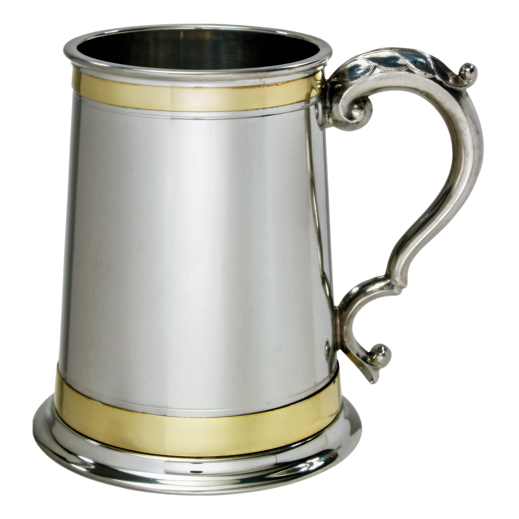 Pewter Tankard 1 Pint Double Brass Banded Antique Handle Perfect for Engraving