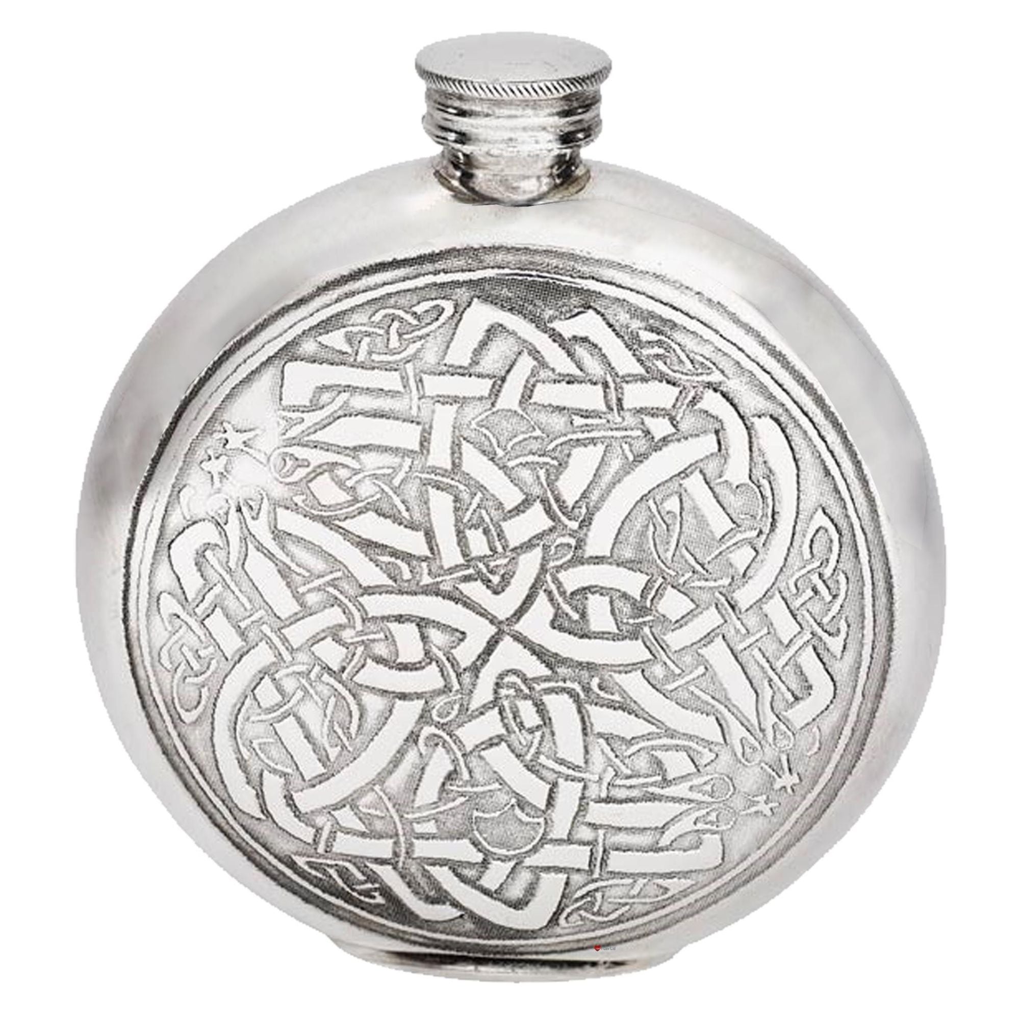 Silver flask with Celtic knot design on a white background