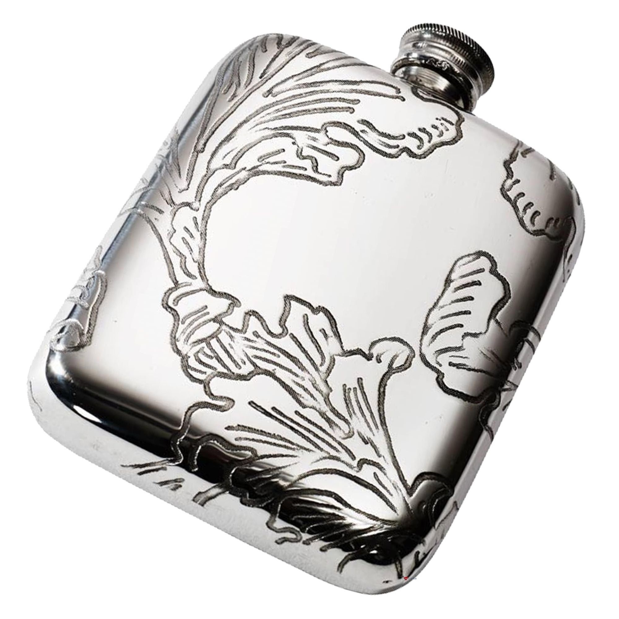 Silver hip flask with floral engraving on a white background