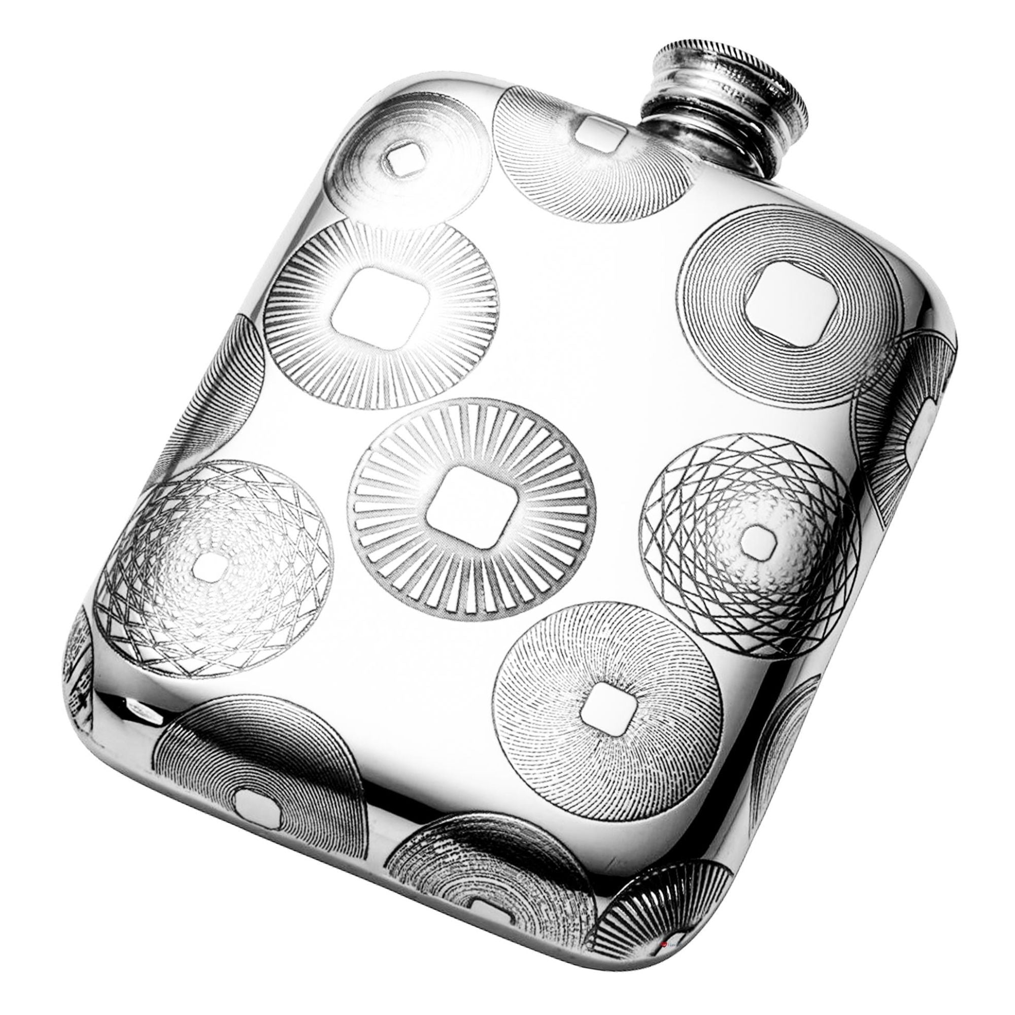 Silver flask with intricate circular patterns on a white background