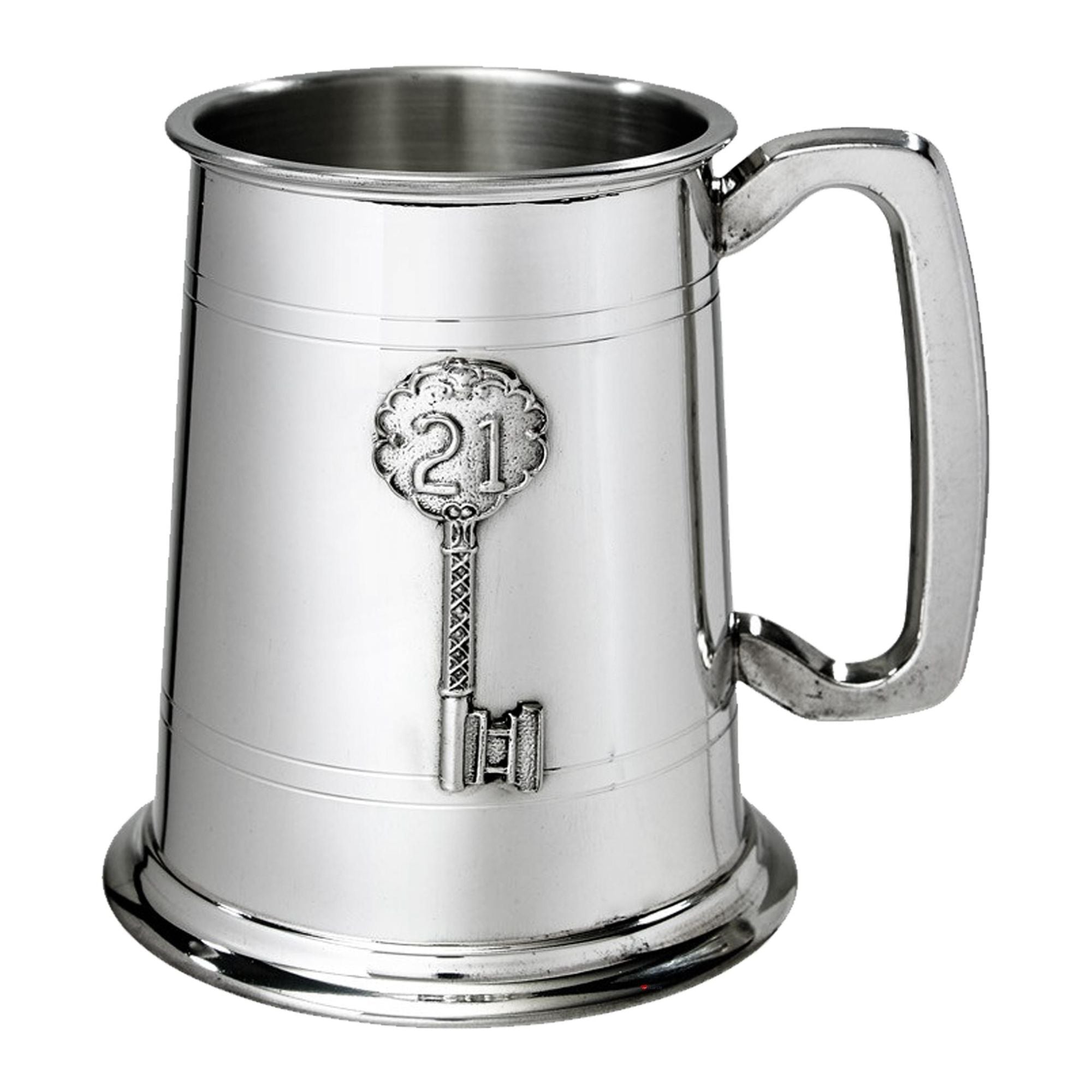 Silver tankard with a key design and '21' on a white background