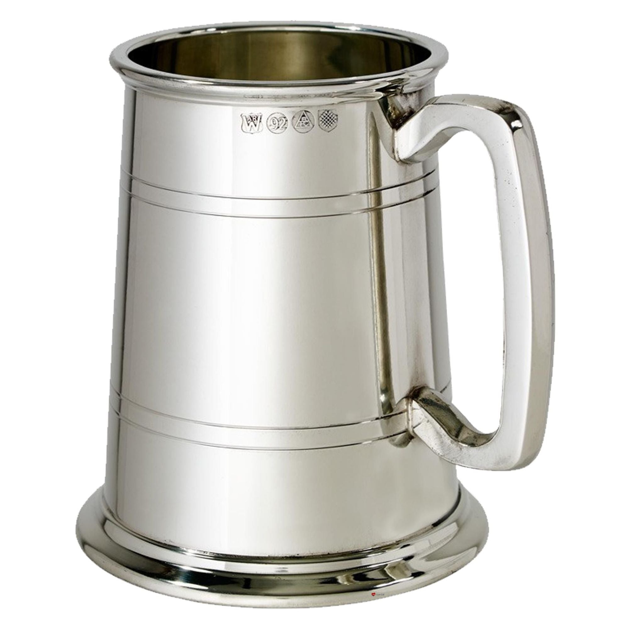 Silver tankard with handle on a white background