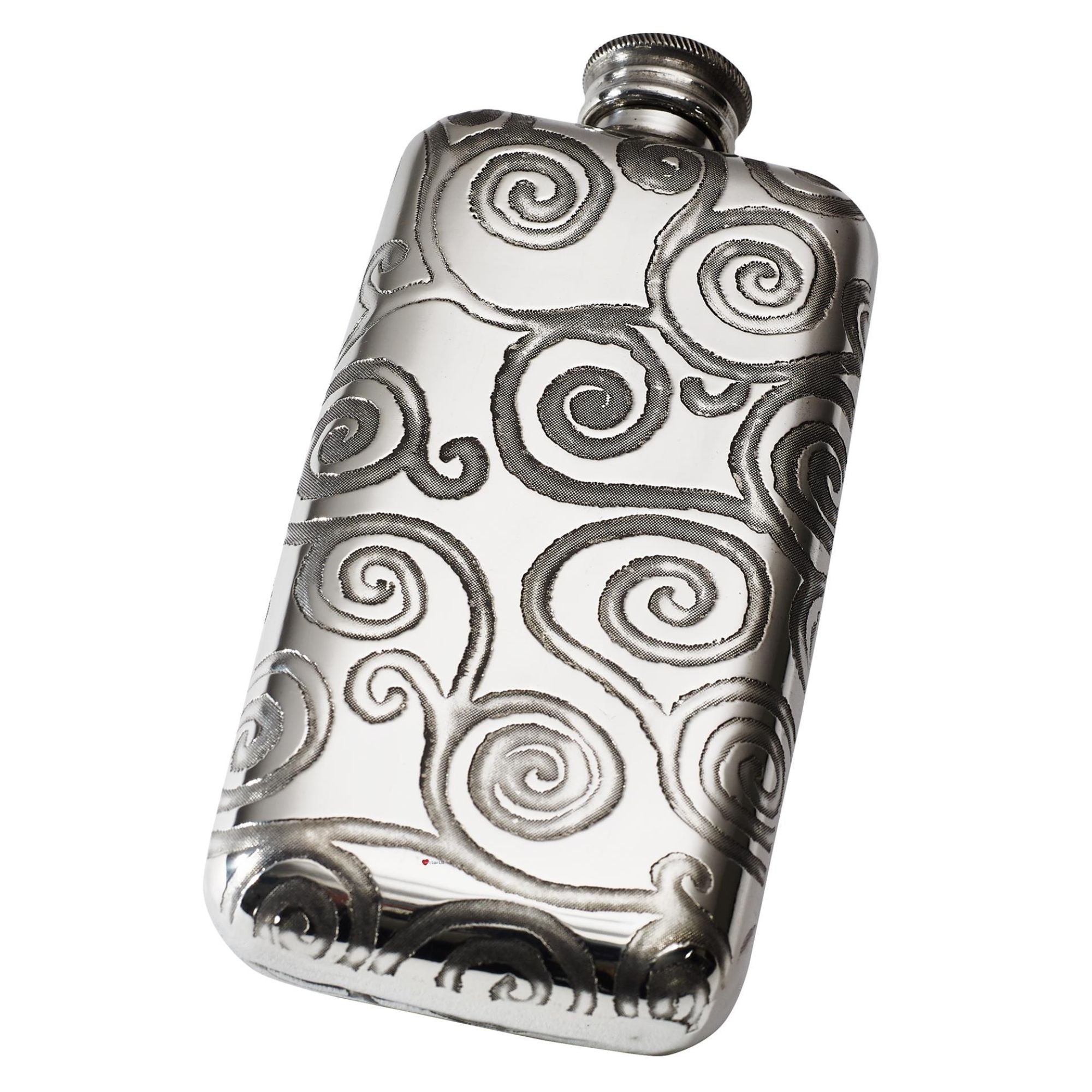 Silver flask with intricate spiral patterns on a white background