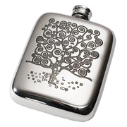 Stainless steel flask with tree design on a white background