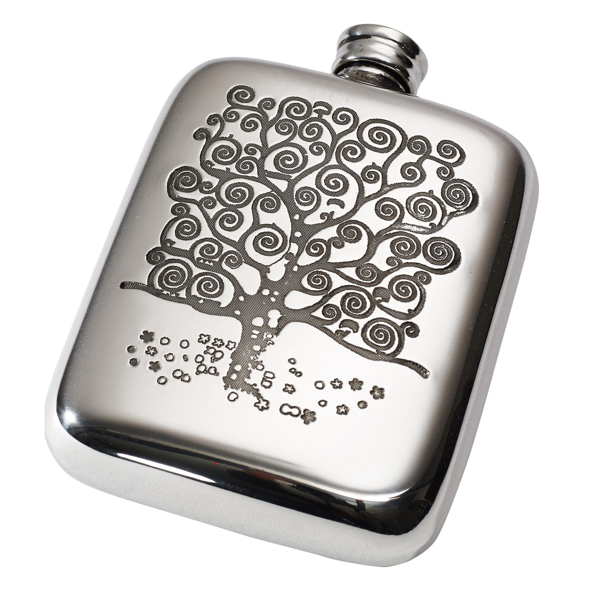 Stainless steel flask with tree design on a white background
