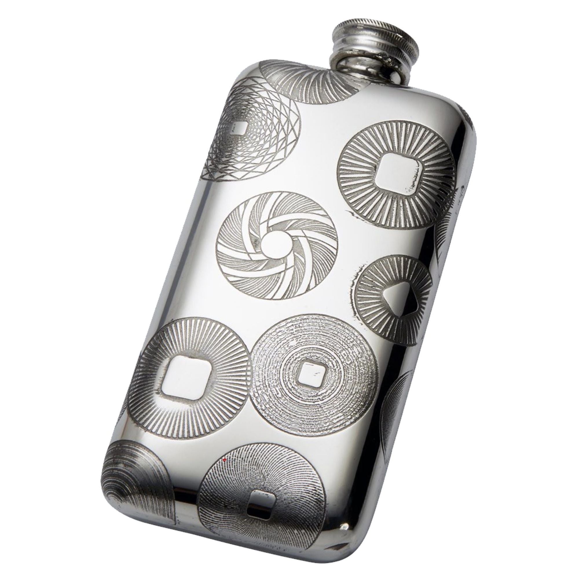 Silver flask with intricate circular patterns on a white background