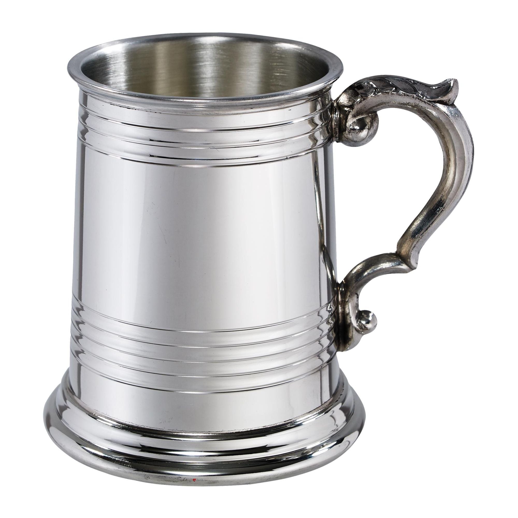 Silver tankard with a decorative handle on a white background