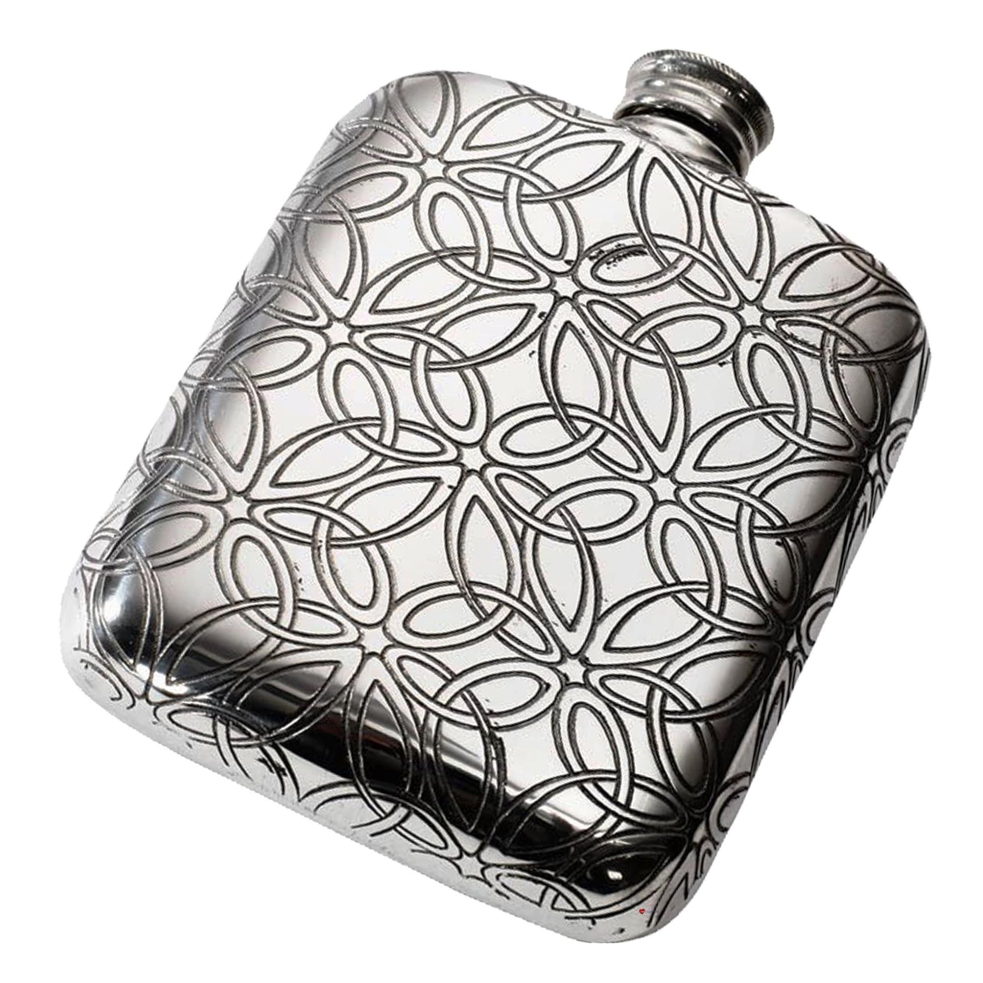 Silver hip flask with intricate pattern on a white background