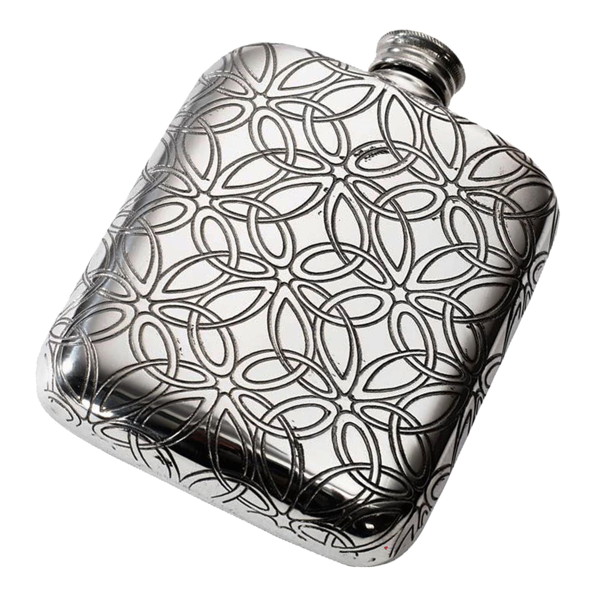 Silver hip flask with intricate pattern on a white background