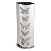 Silver umbrella stand with butterfly designs on a white background