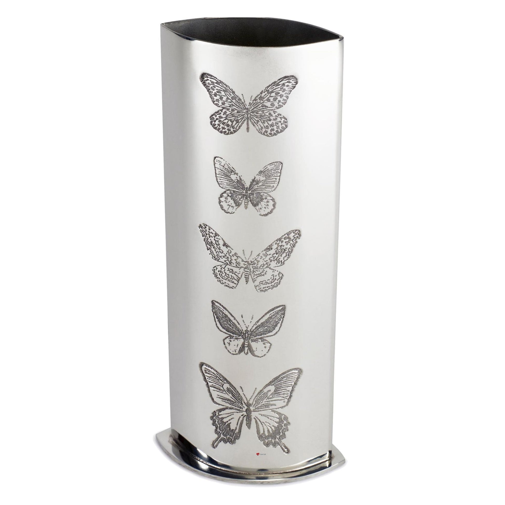 Silver umbrella stand with butterfly designs on a white background