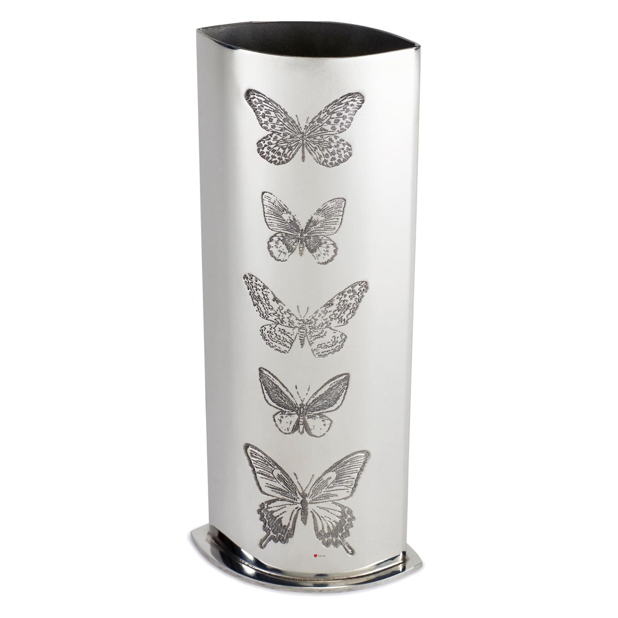 Silver umbrella stand with butterfly designs on a white background