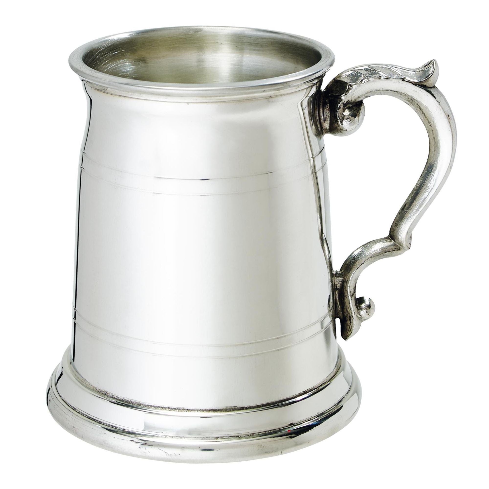 Silver tankard with a handle on a white background