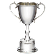 Silver trophy cup with two handles on a white background