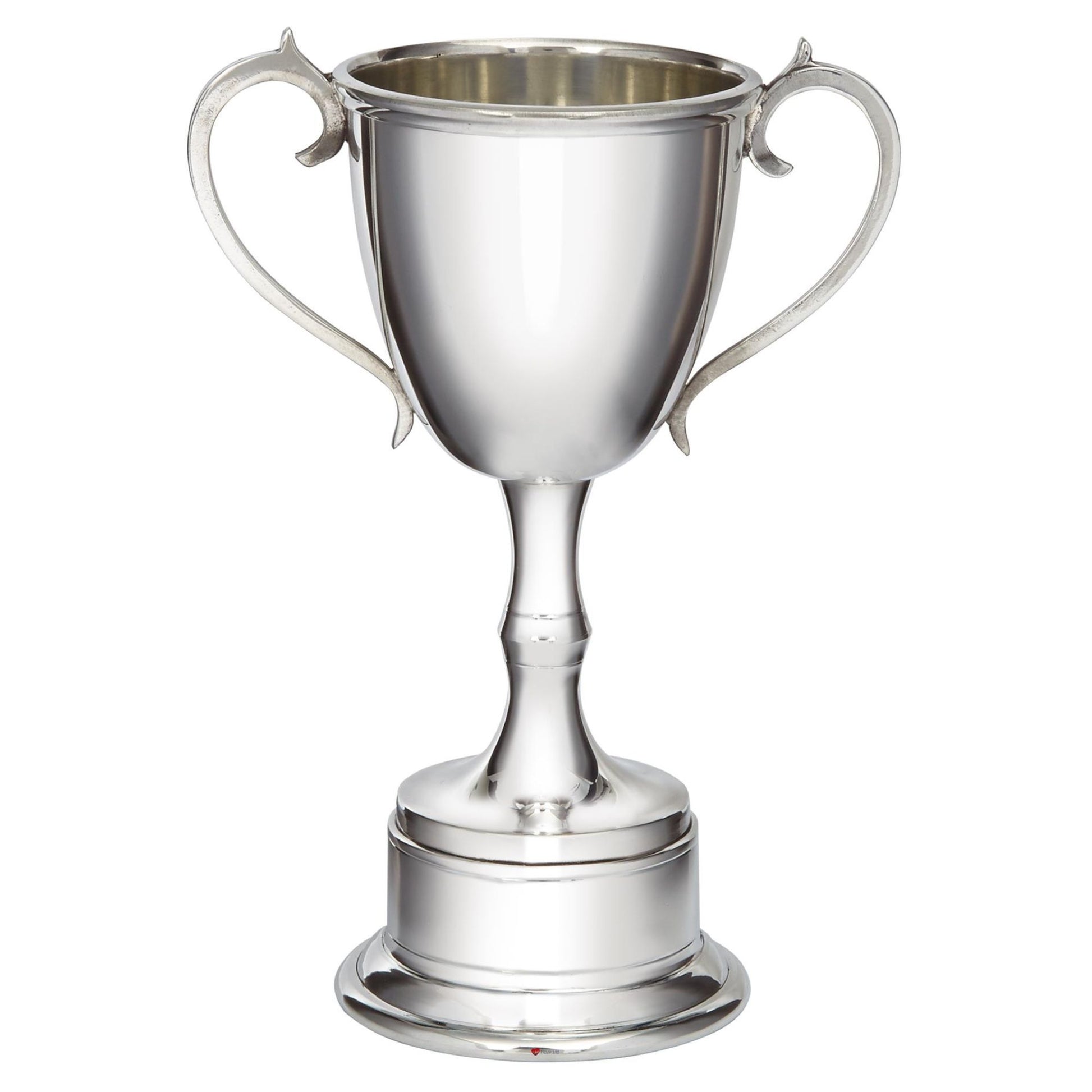 Silver trophy cup with two handles on a white background