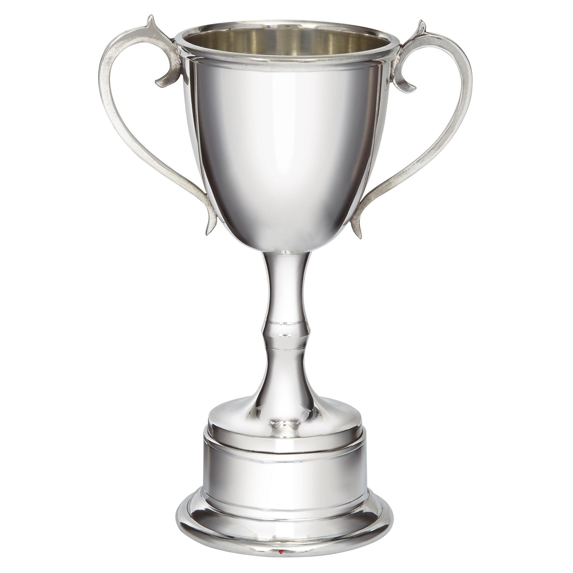 Silver trophy cup with two handles on a white background