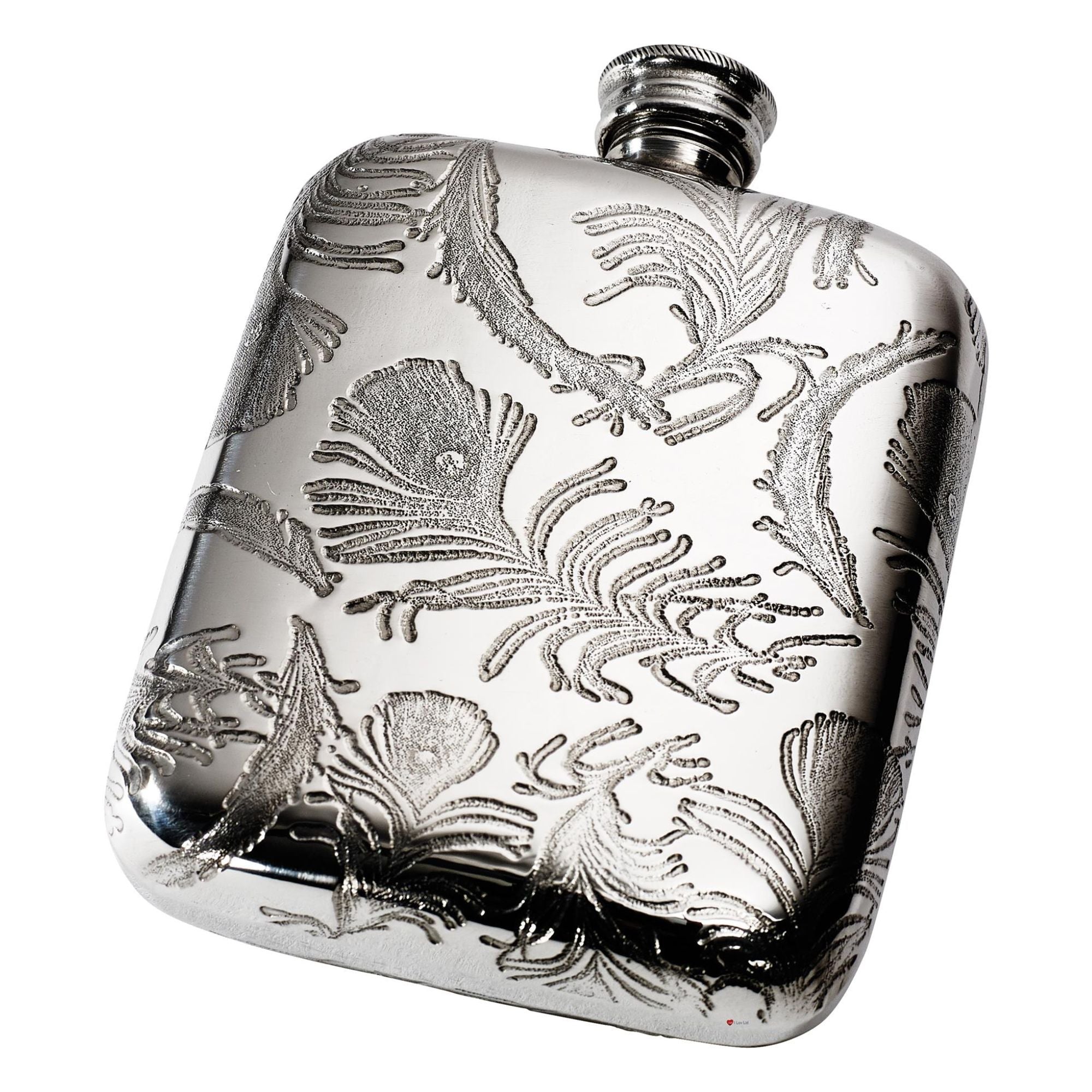 Silver flask with intricate leaf patterns on a white background