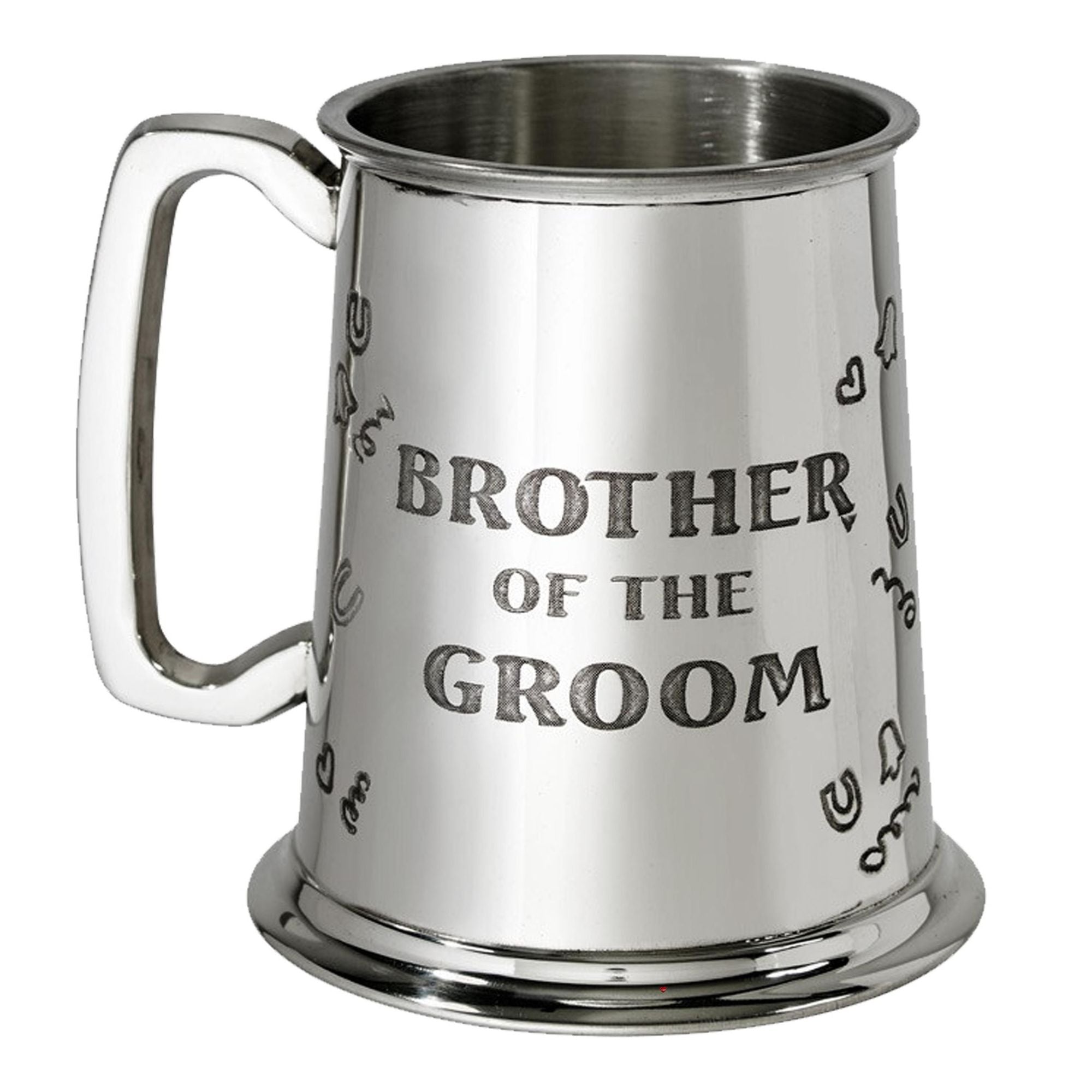 Silver tankard with 'Brother of the Groom' engraving on a white background