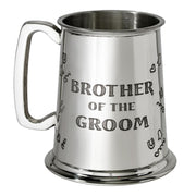 Silver tankard with 'Brother of the Groom' engraving on a white background