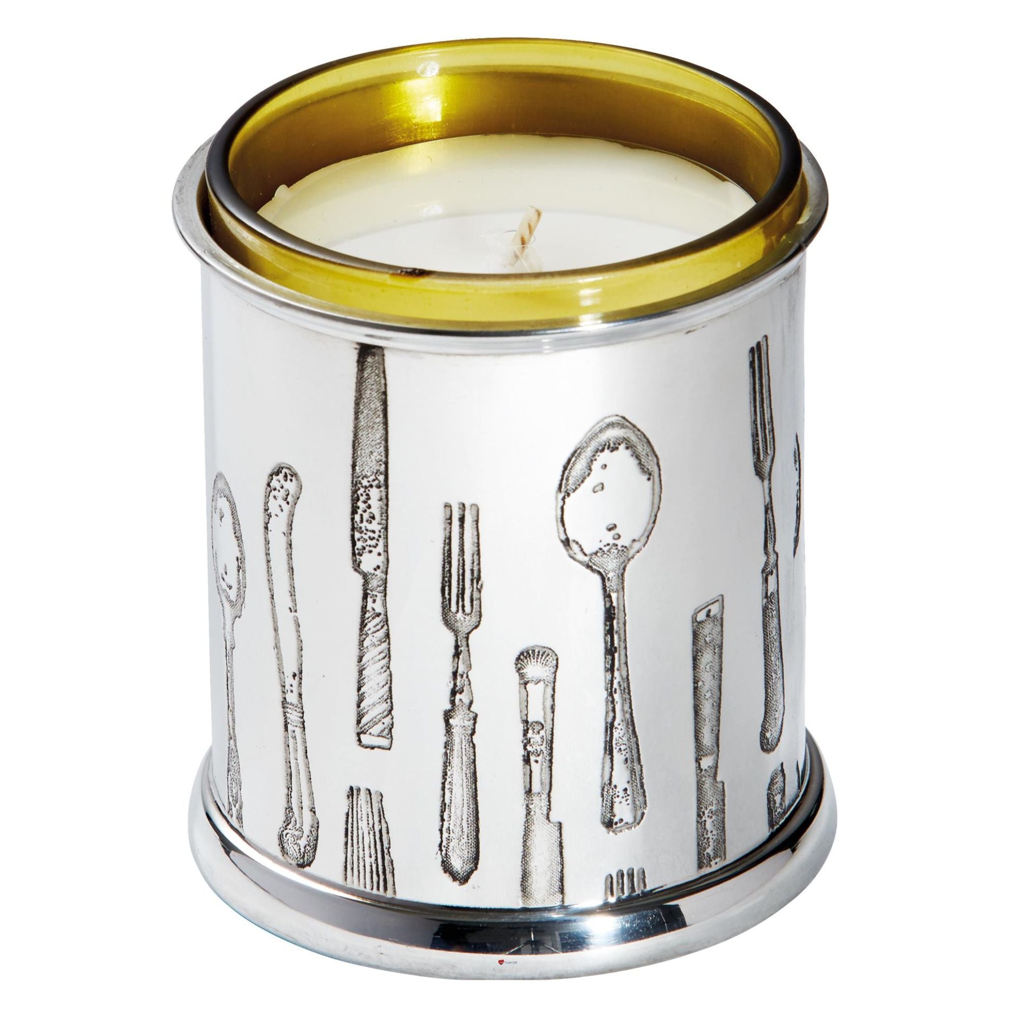 Candle in a silver holder with cutlery designs on a white background